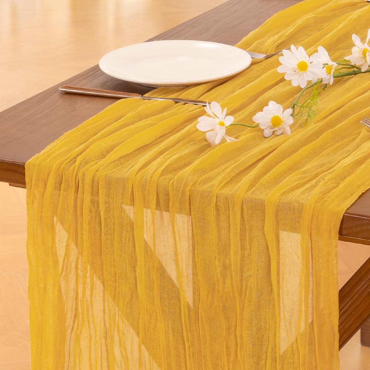 Socomi Cheesecloth Table Runner - 3pcs Gold Yellow Boho Rustic 120 Inch for Weddings & Parties