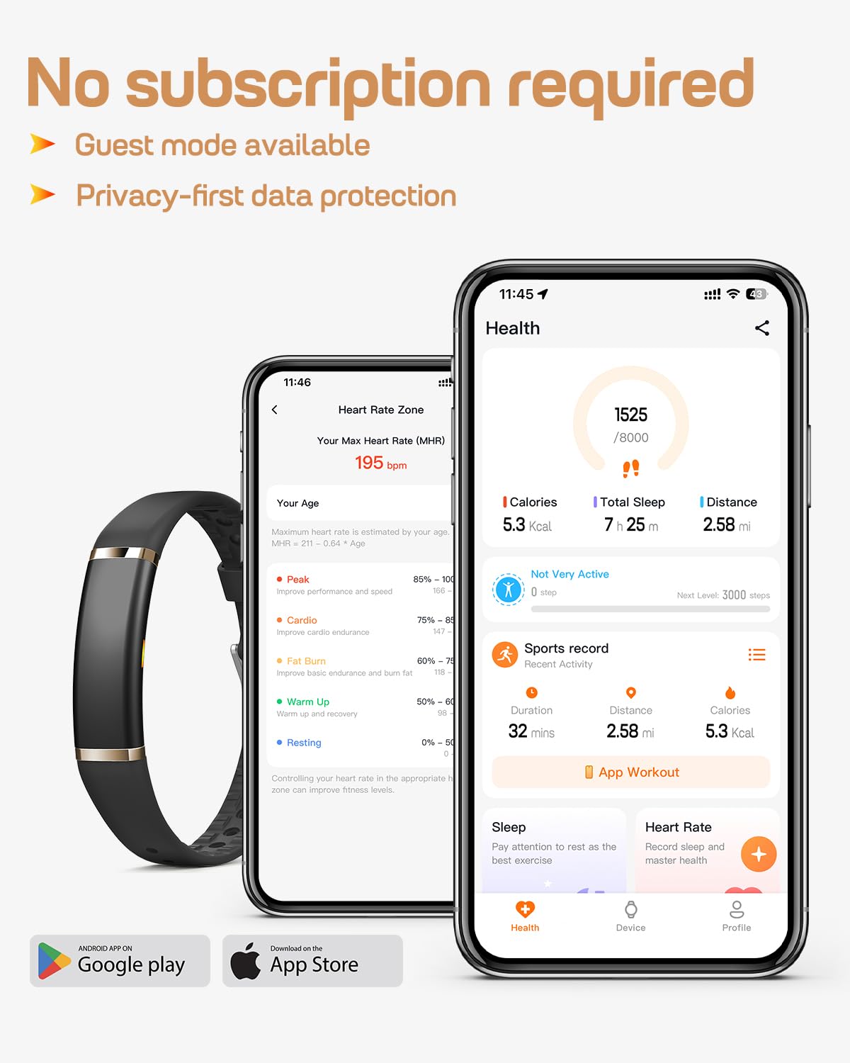 FITVII Screenless Fitness Tracker for Women Men, Health and Fitness Wearable with 24/7 Heart Rate, Blood Pressure and HRV Sleep Monitor, Subscription Free Activity Tracker for Android & iPhone