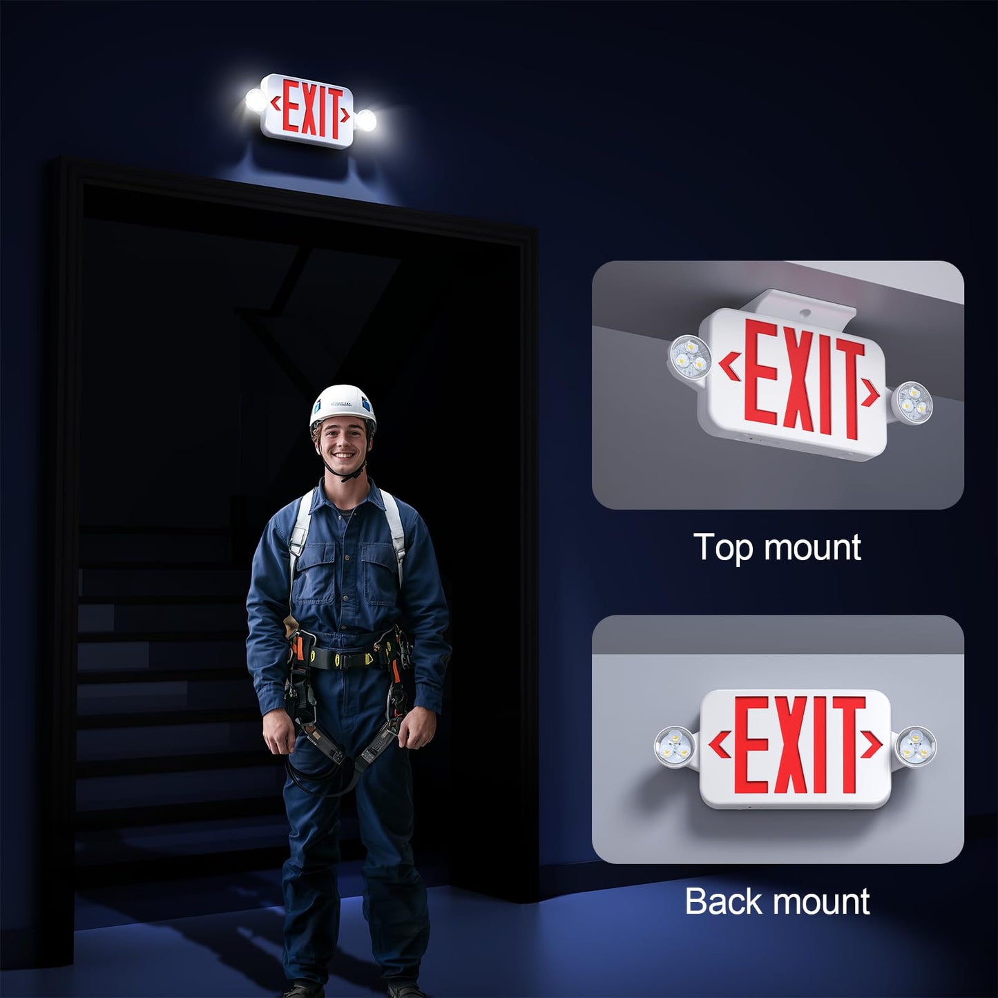 SASELUX Led Exit Sign Emergency Light Combo Adjustable Two Head,Double Sided and Battery Backup Exit Light,Red Letter Hardwired Emergency Exit Sign,AC 120/277V,UL Listed,Ceiling&Wall Mount (1 Pack)