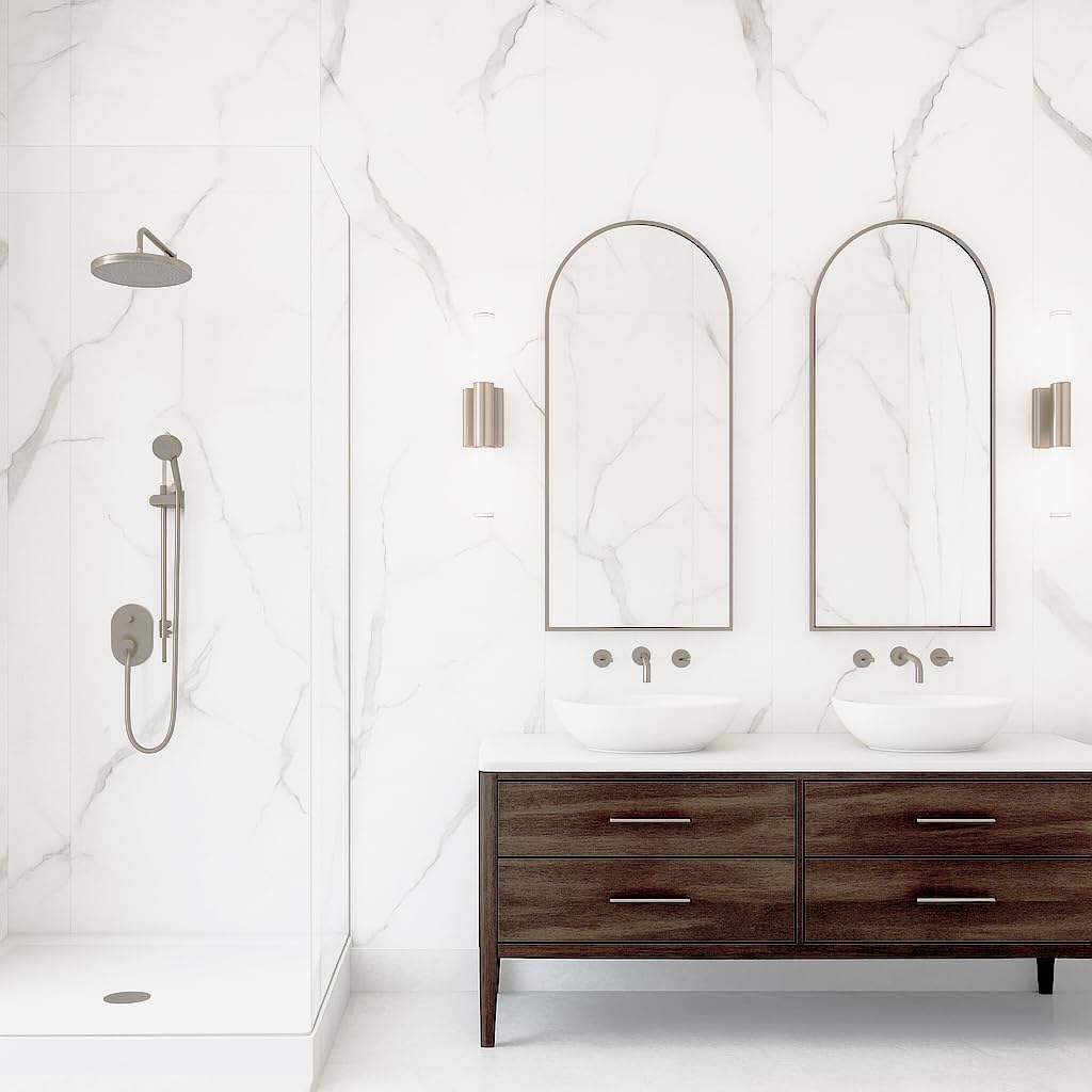 Dundee Deco Faux Marble Wall Panels - 2 ft X 4 ft - Glossy, Waterproof Indoor Wall Cladding - White, Grey Veins - Set of 4 - Covers 31 sq ft