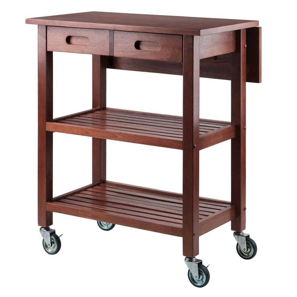 Furnifact Kitchen Cart, Drop Leaf Extension, Slatted Shelf, 2 Locking Casters, Solid Composite Wood, Brown