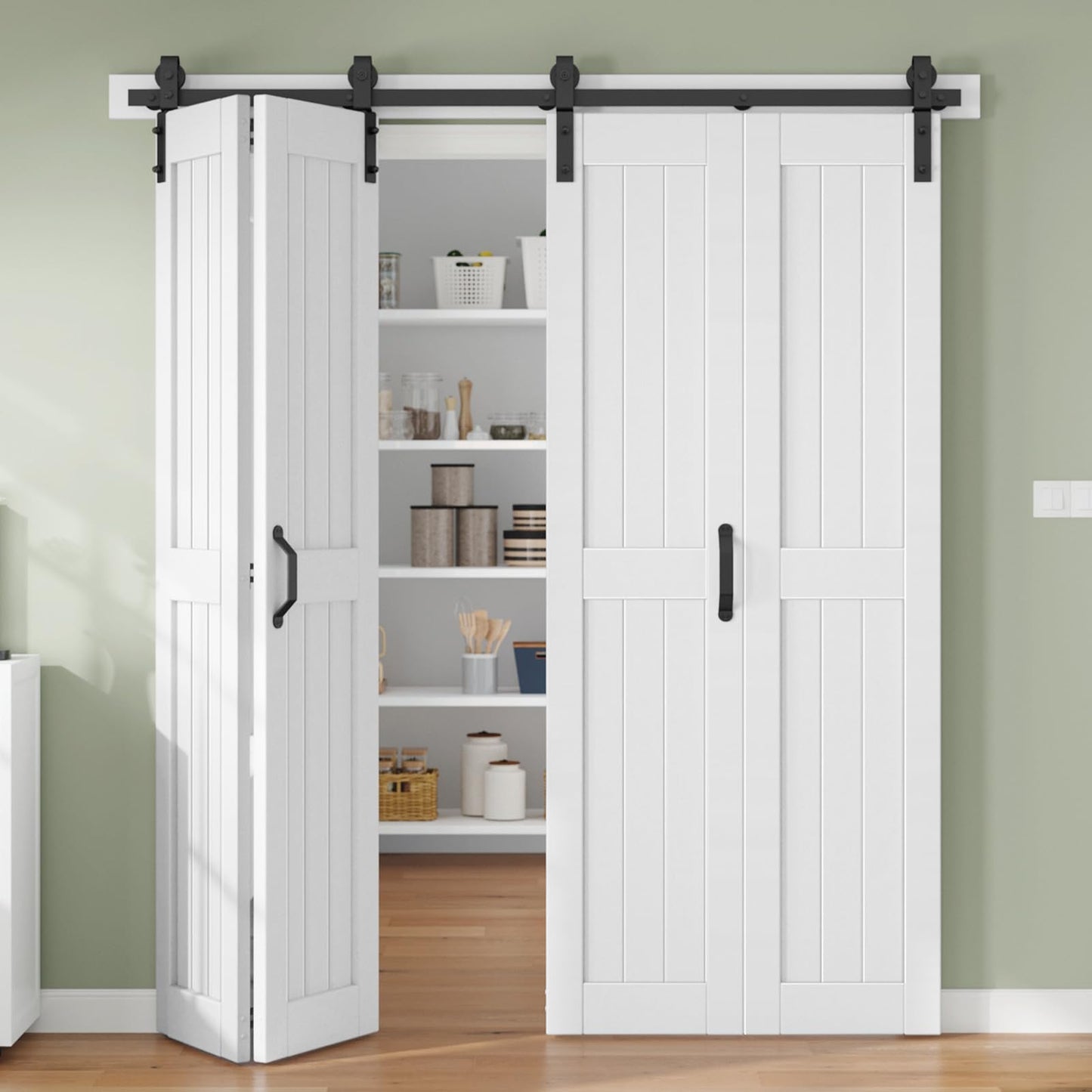 Finosen Bifold Barn Door 72 x 84 in (Four 18x84 Inch),Bi-fold Sliding Closet Doors with Hardware Track kit Included 6.6ft Rail for 4 Doors and Track Connector,Save Space,DIY Assembly.