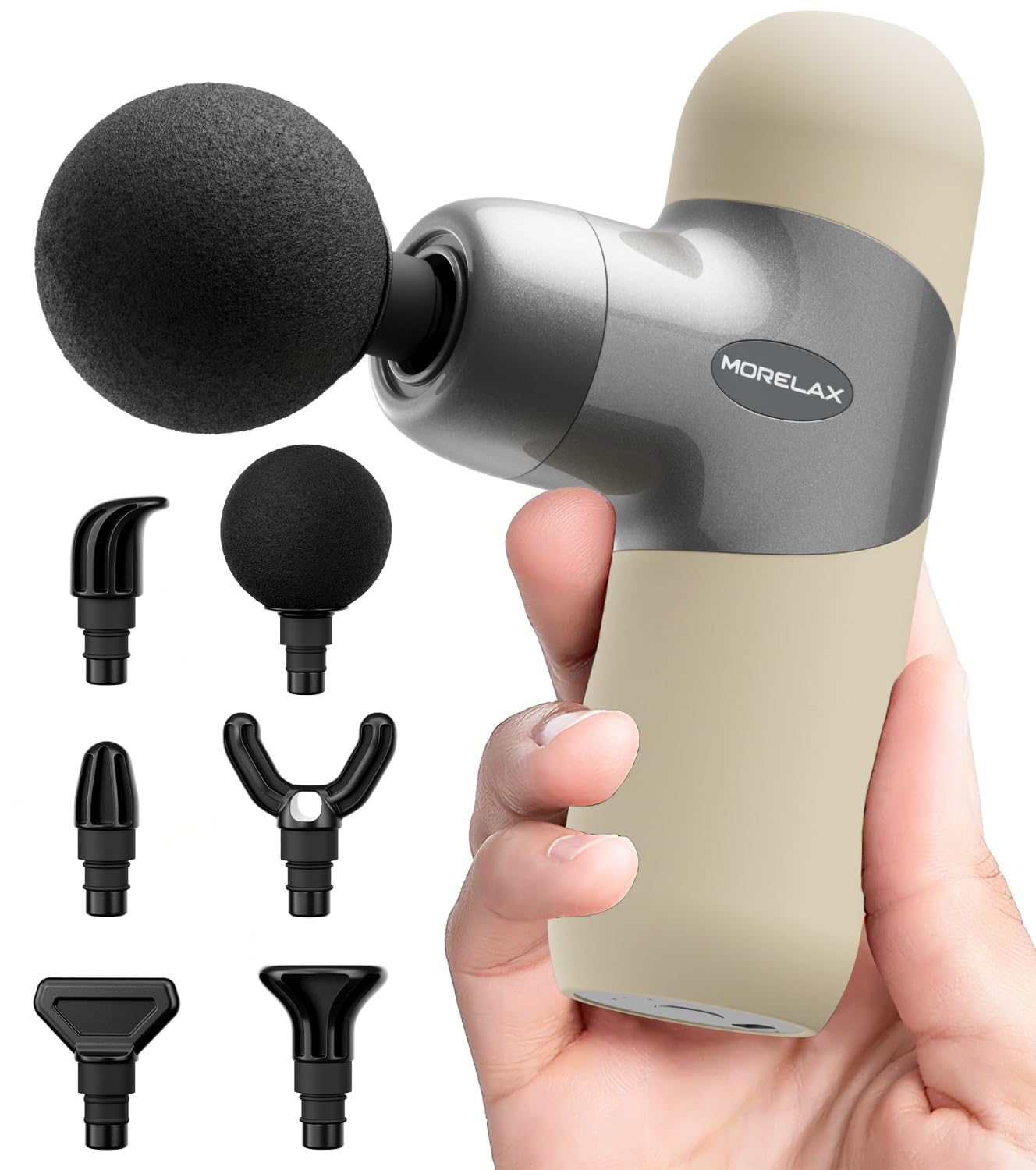 Morelax Mini Massage Gun Deep Tissue, Portable Percussion Muscle Massager for Whole Body Pain Relief, Electric Handheld Sport Massager with 6 Massage Heads 4 Speed, Best Gift (Silver Beige)