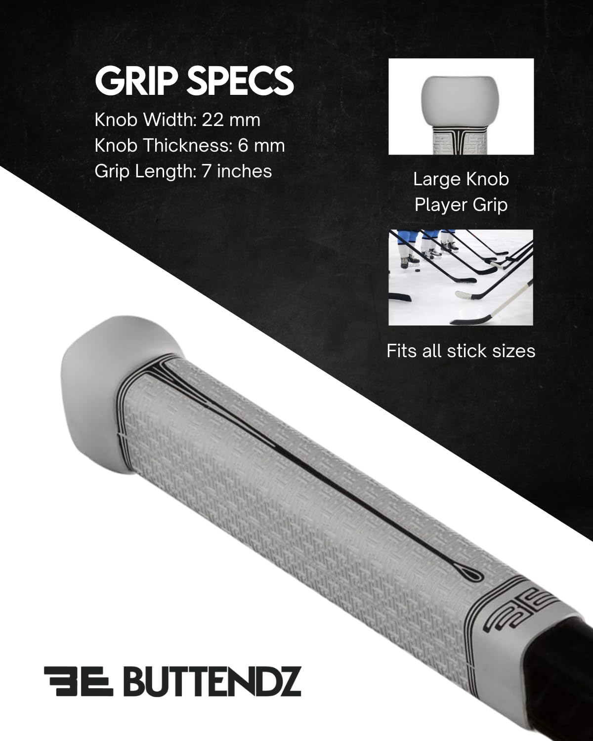 Buttendz Flux Z Hockey Stick Replacement Grip - Reusable Design, Large Knob Player Grip to Maximize Power, Accuracy and Stick Control, Fits All Stick Sizes (White/Black Drip)