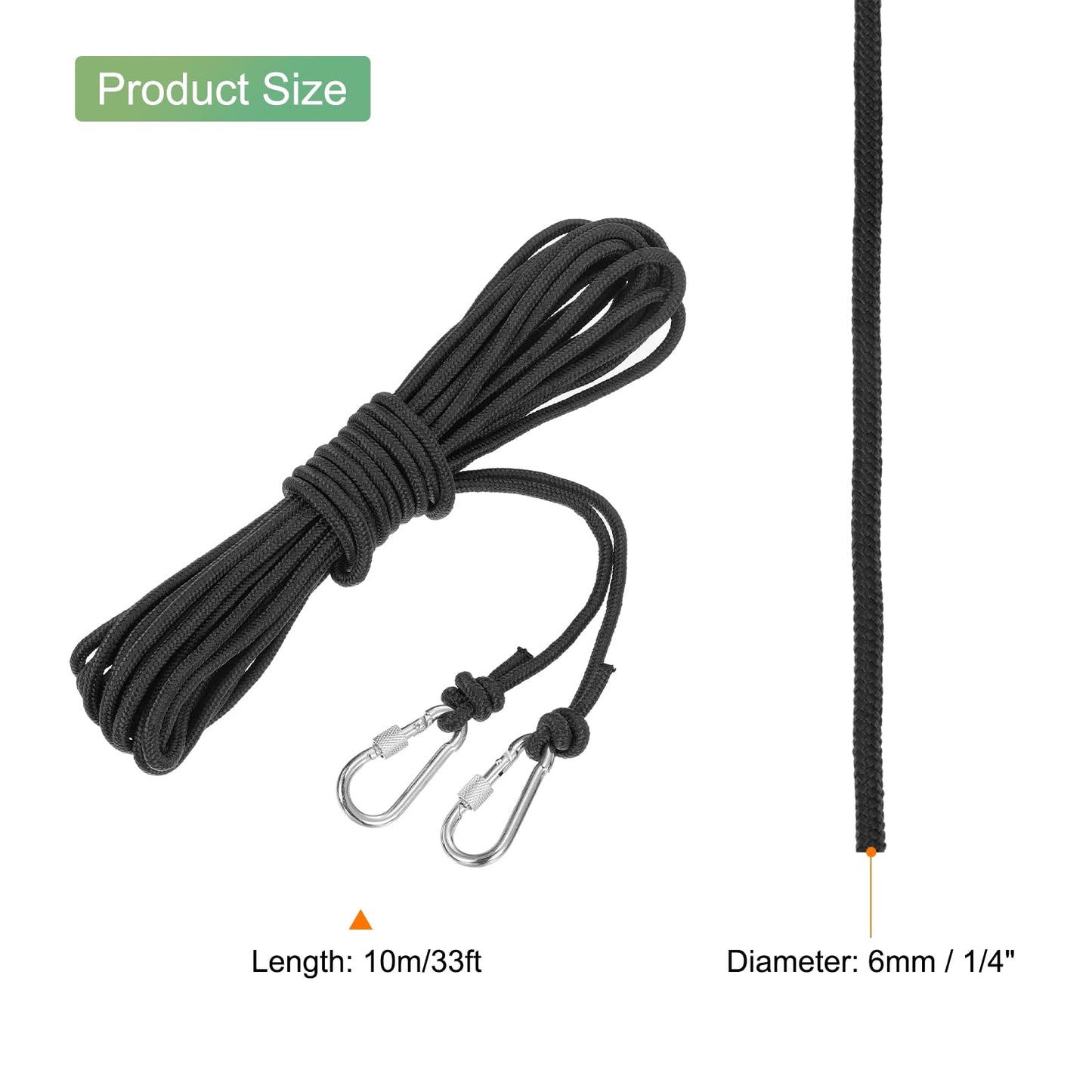 MECCANIXITY Hollow Braided Polypropylene Anchor Rope with Hook, 1/4 Inch 33ft Nylon Floating Line for Marine Pool Life Boat Anchor Rope, Black