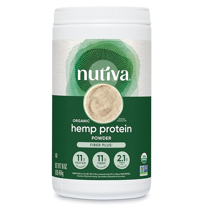 Nutiva USDA Organic Cold-Pressed Hemp Seed Plant Protein Powder, 16 Ounce, Fiber Plus with Essential Amino Acids, Non-GMO, Whole 30 Approved, Vegan & Keto