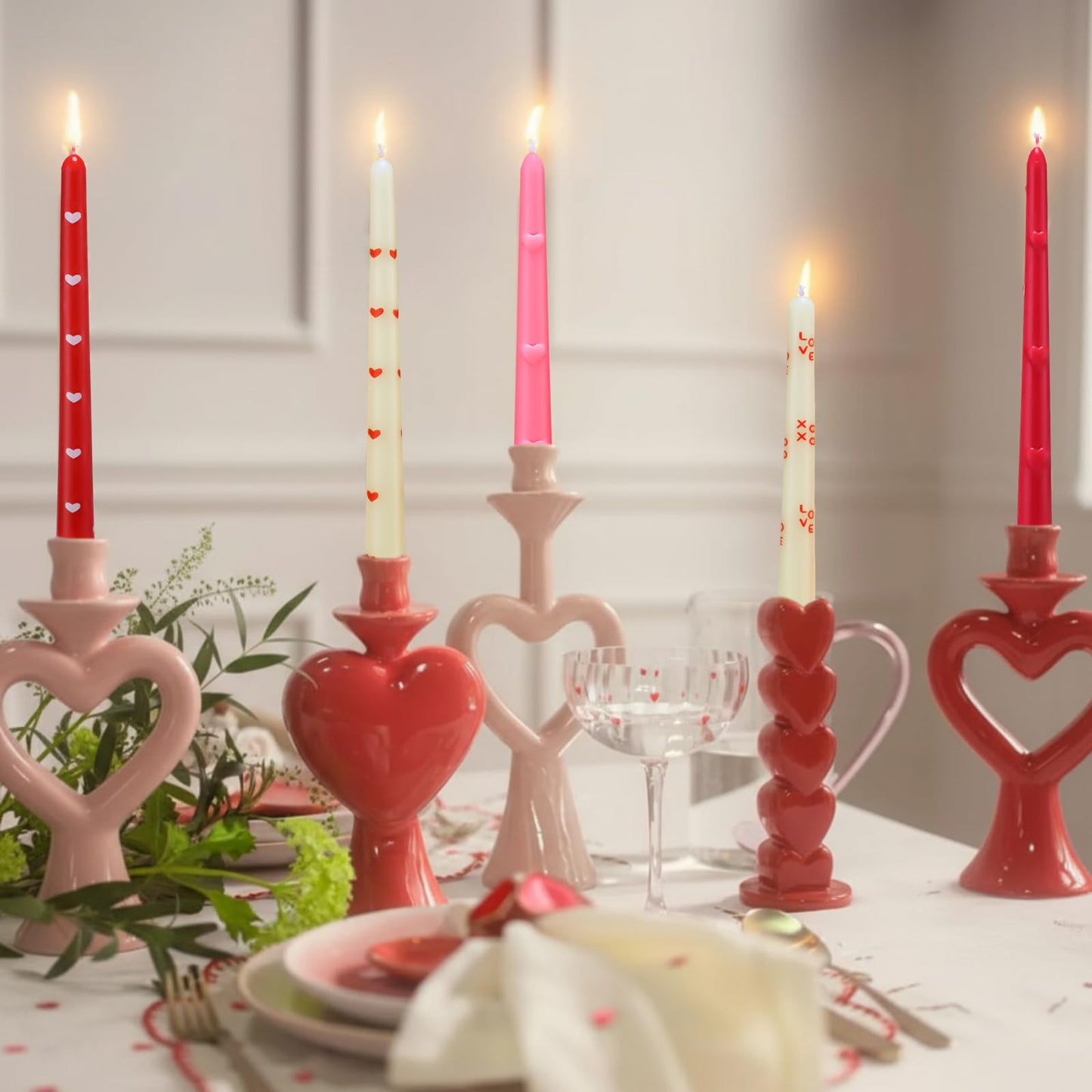 Threlaco 6pcs Pink Red Heart Taper Candle Set 10 Inch Valentine's Candle Sticks Valentines Decorative Candles Long Unscented Candlesticks for Valentine's Day Party Table Anniversary Wedding Decor