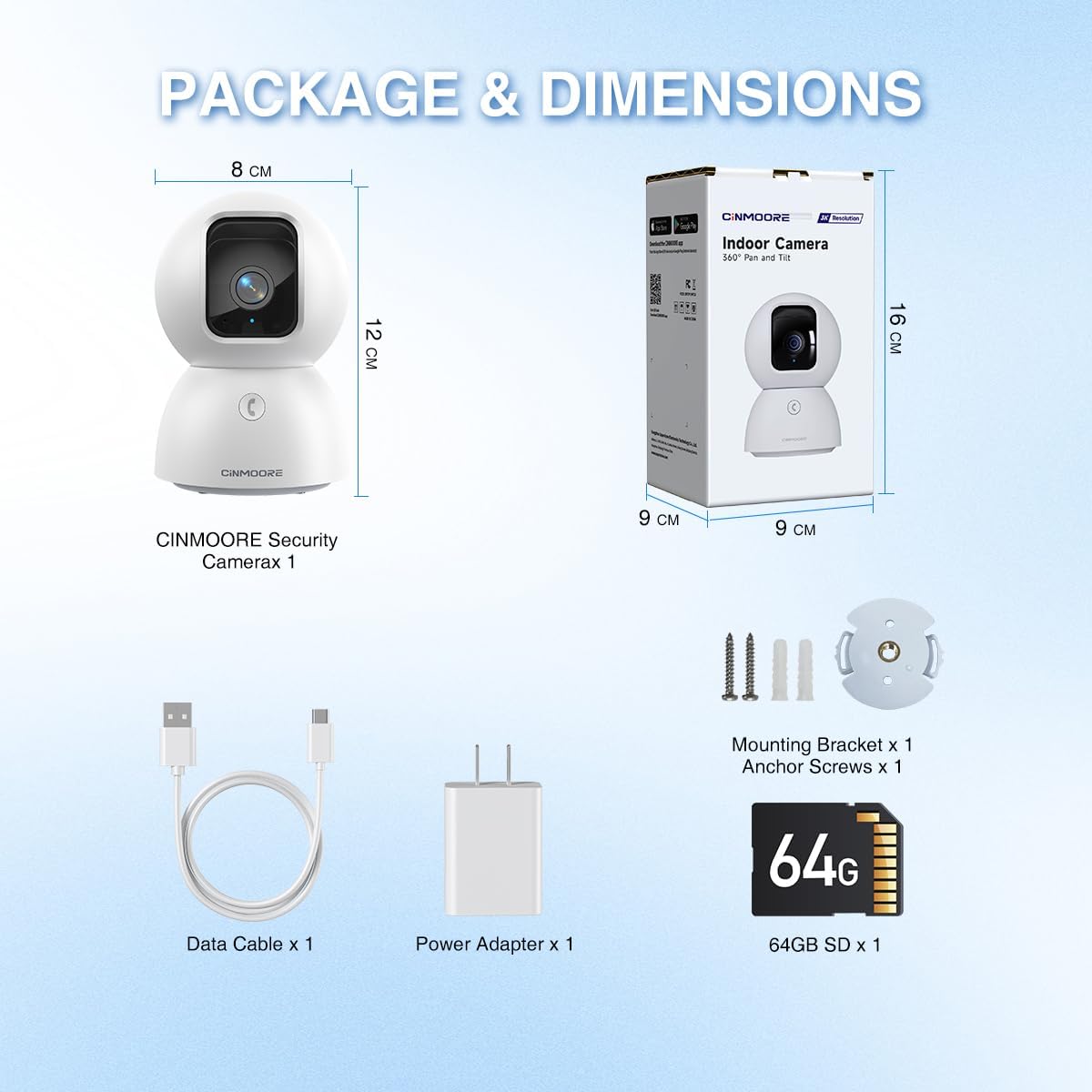 CINMOORE 3K 64GB 5GHz 2.4GHz 6, 360 2-Way Indoor Camera with Card, Human/Pet/Facial AI Detection, Dog/Cat/Pet Camera