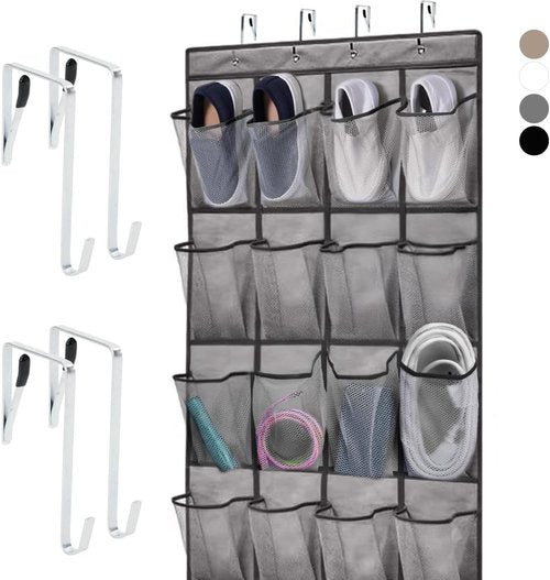 Home Genie Over The Door Shoe Organizer - 24 Breathable Mesh Pockets | Holds Up To 40 lbs, Gray