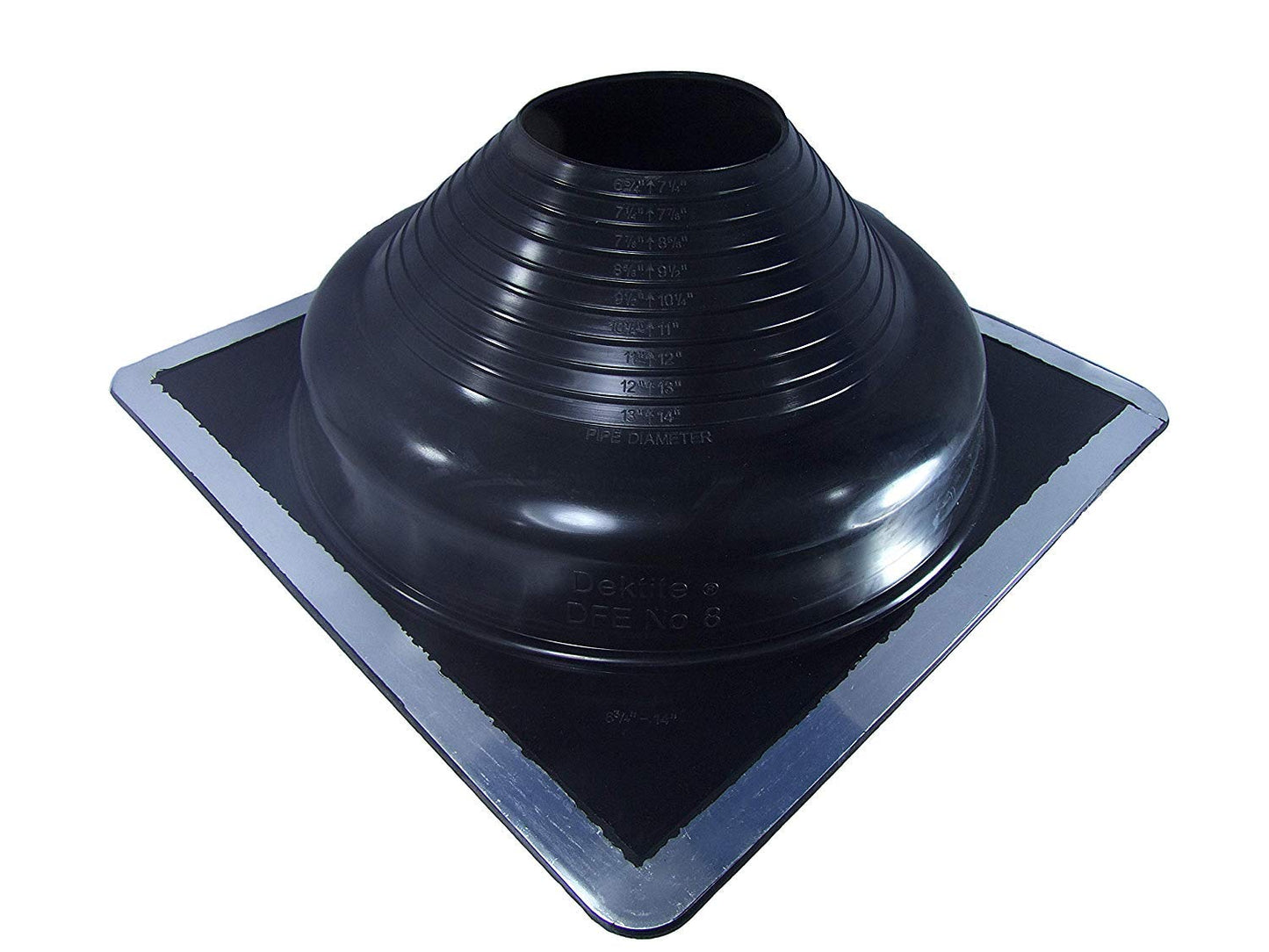 DEKTITE ROUND BASE PIPE FLASHING BOOT: #8 (DFE108B) BLACK Square Base EPDM Flexible Pipe Flashing (for OD pipe sizes 6-3/4" - 14")Roof Jack Pipe Boot
