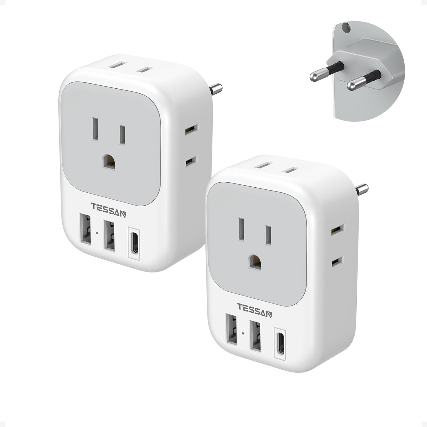 TESSAN European Plug Adapter - 2 Pack USB C Travel Charger with 4 Outlets & 3 USB Ports for Italy, Spain, France, Germany
