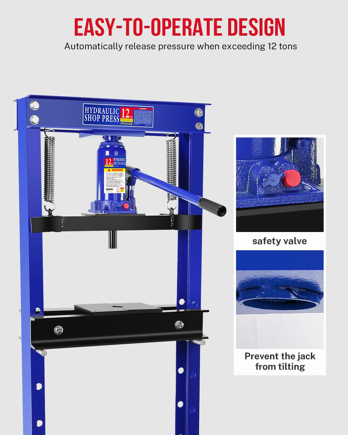 Hydraulic Press, 12 Ton H-Frame Garage Floor Adjustable Shop Press with Stamping Plates to Bend, Straighten, Or Press Parts, Install Bearings & U-Joints