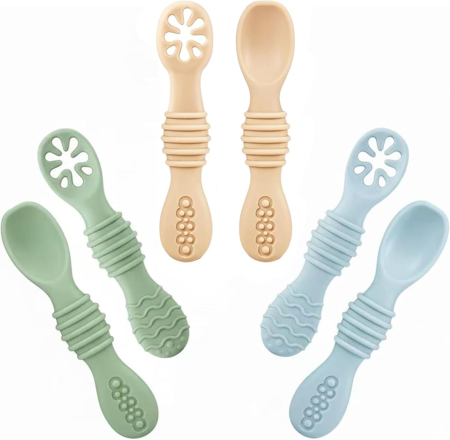 PandaEar Silicone Baby Spoons - 6 Pack for Baby Led Weaning | Self Feeding Utensils 6+ Months (Blue, Green, Beige)