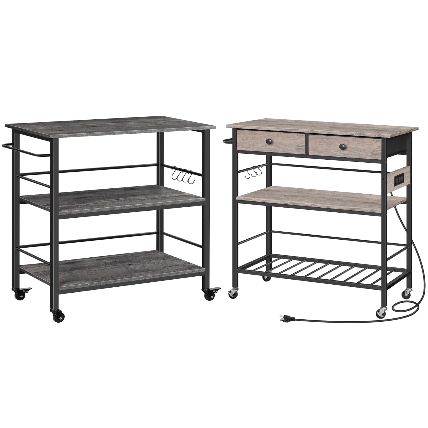 HOOBRO Kitchen Island and Kitchen Island with Storage Bundle, Industrial Kitchen Island on Wheels and Side Enclosures, 3 Tier Kitchen Cart with Large Workstation BC03ZD01-BG08UZD01