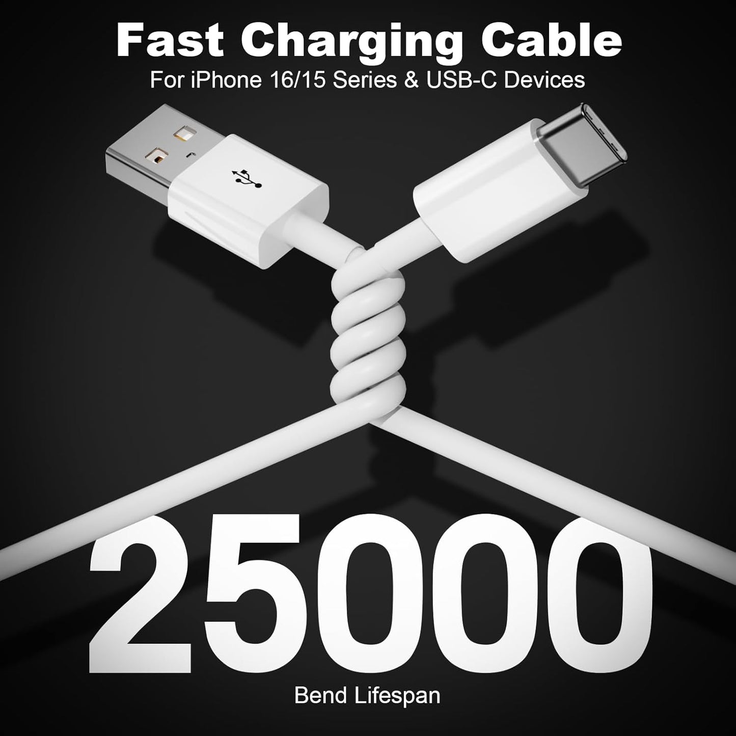 2Pack 15/16/17 3A 480Mbps (White-3FT) USB A to USB C Cable for iPhone All Series, Type-C Car Charger Fast Charging