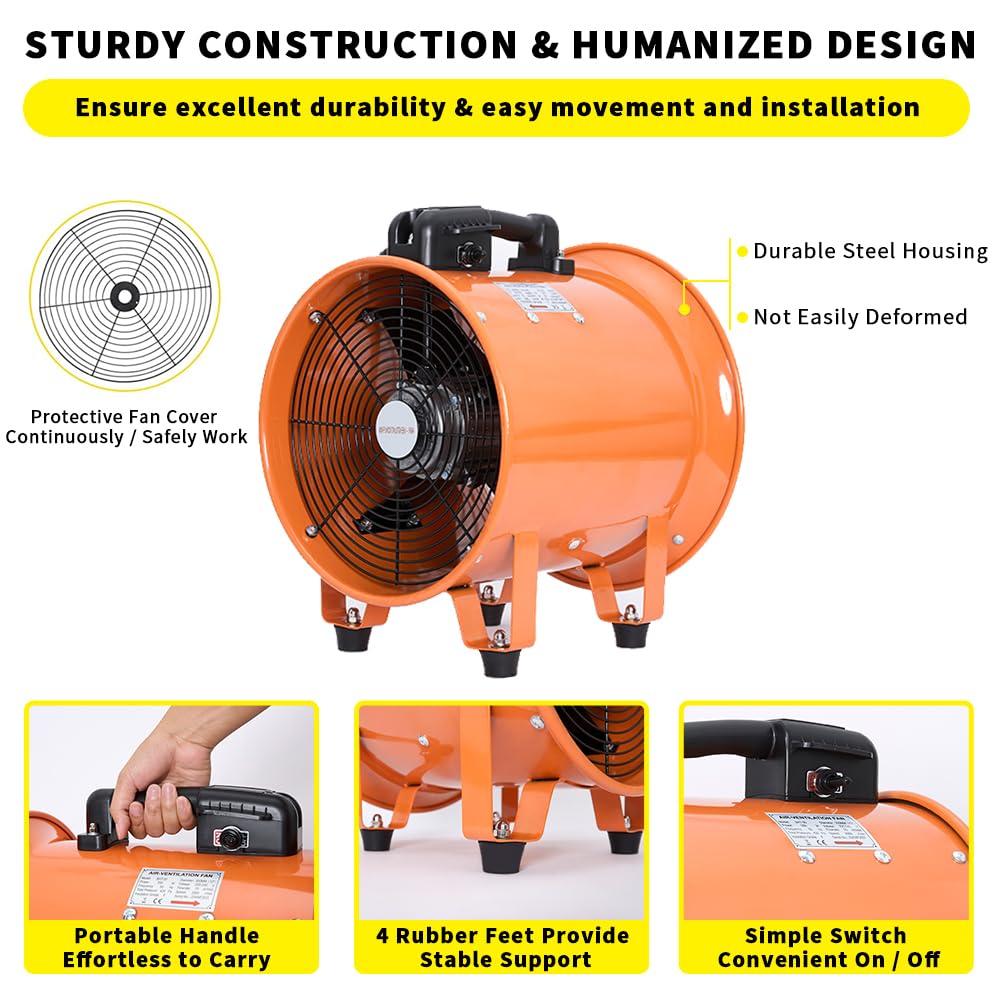 Utility Blower 8 Inch, High Velocity Ventilator With Duct Hose, Low Noise Portable Fan, Fume Extractor for Exhausting & Ventilating at Home and Job Site (8IN Fan+16FT Hose)