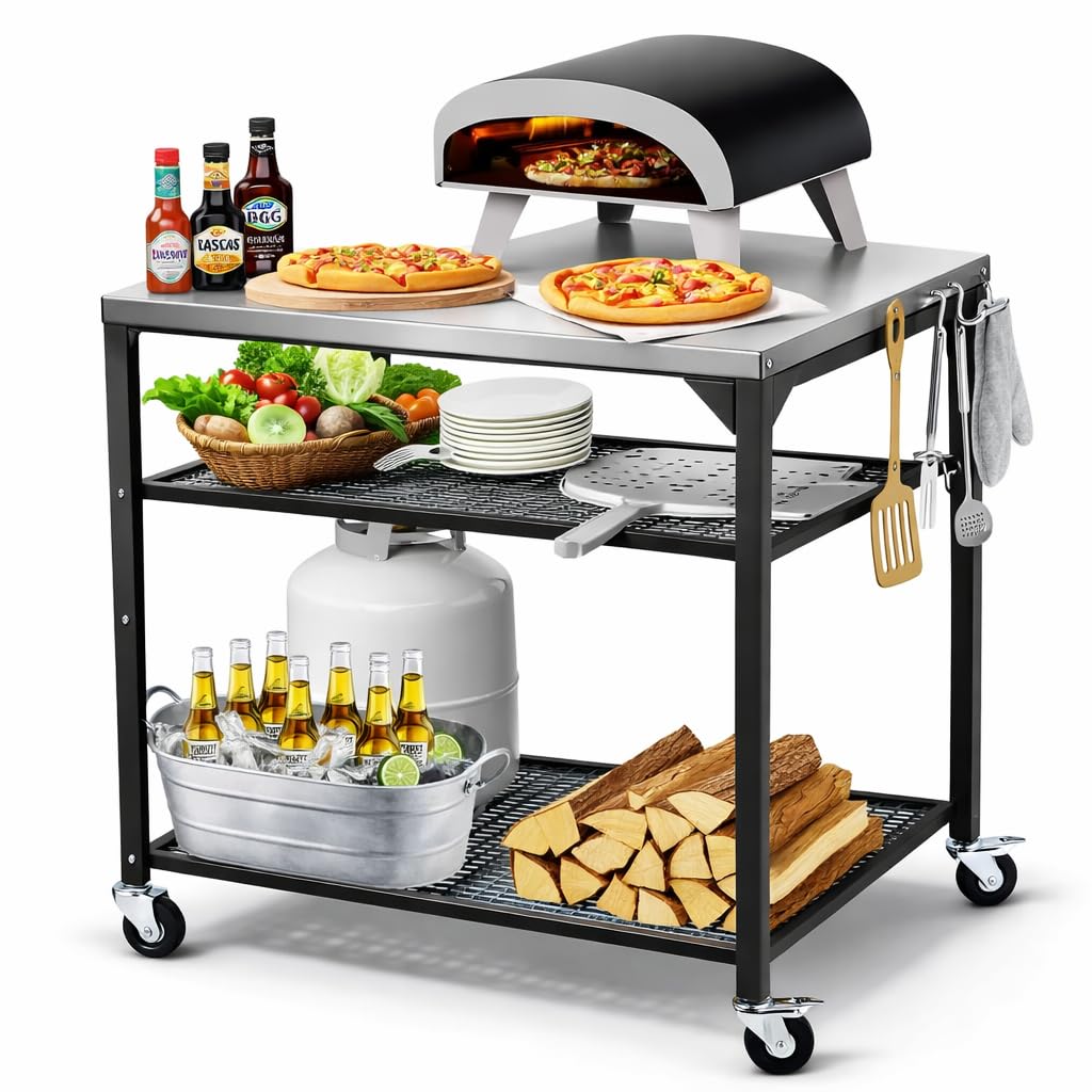 Hisencn Pizza Oven Table Cart for Ninja Woodfire, Blackstone, Cuisinart Pizza Oven, Outdoor Grill Cart, Stainless Steel Portable Grill Tables Grill Stand, Modular Table, Food Prep Carts with Hooks