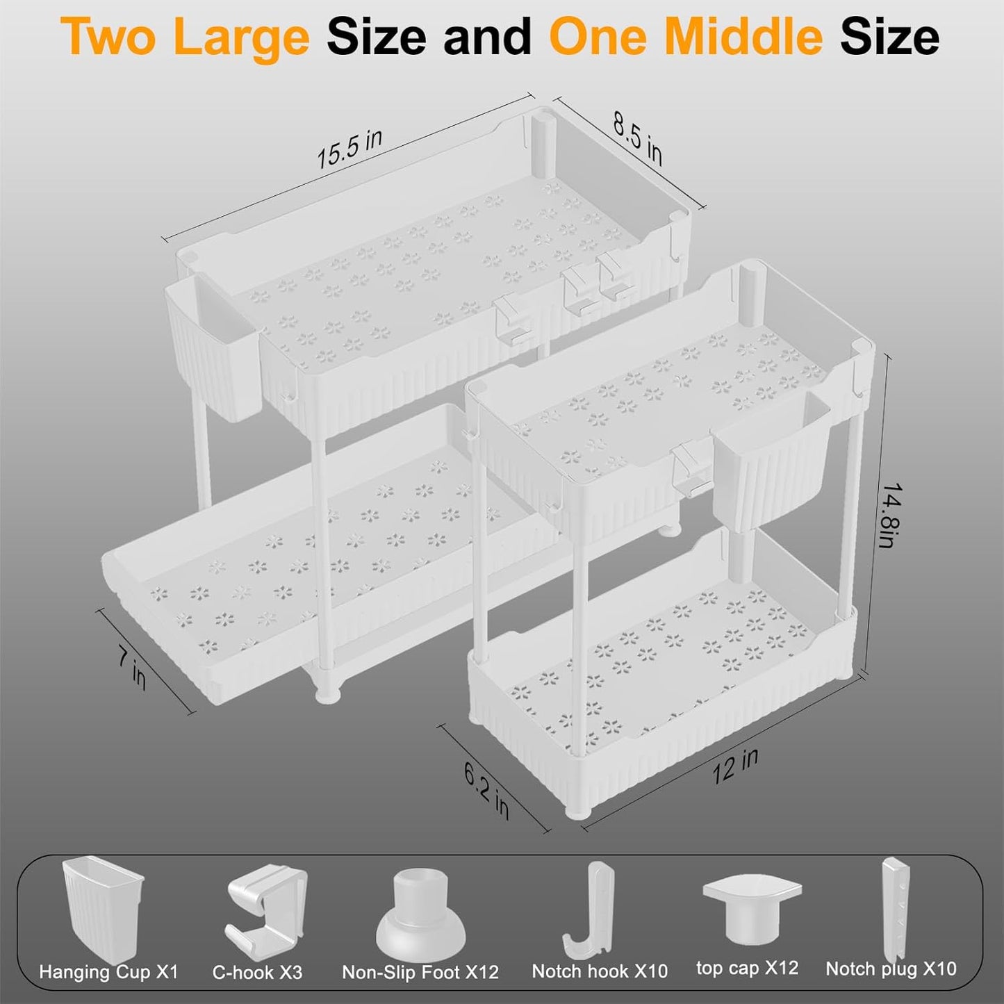 Sevenblue 3-Pack Under Sink Organizers - 2-Tier Kitchen & Bathroom Storage with Sliding Drawers | White, 14.8 Inch