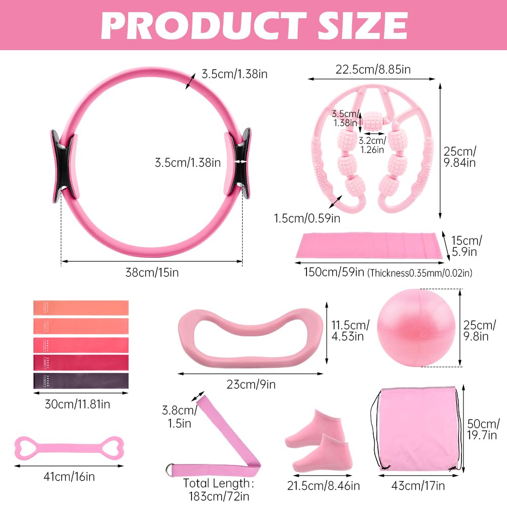 Yonderfume Pilates Essentials Kit for Women, 14 Pcs Home Workout Equipment with Pilates Circle Ball Ring Set Resistance Bands and Anti Slip Sock, Yoga Pilate Essentials Accessories(Color:Pink)