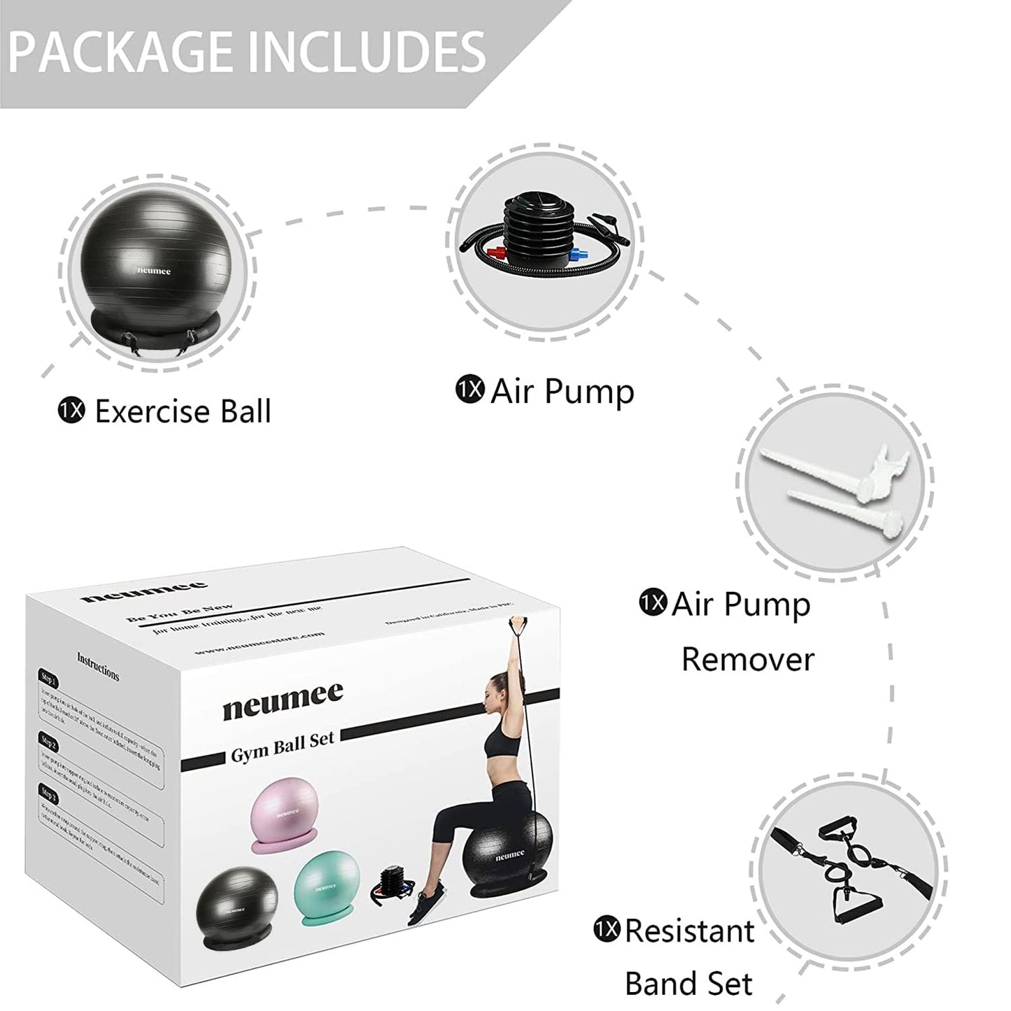 NEUMEE Yoga Ball Chair with 65cm Exercise Ball & 2 Resistance Bands, Stability Base for Home Office, Yoga, Pilates & Fitness, Balance Ball for Posture, Core Strength & Low Impact Workouts (Black)