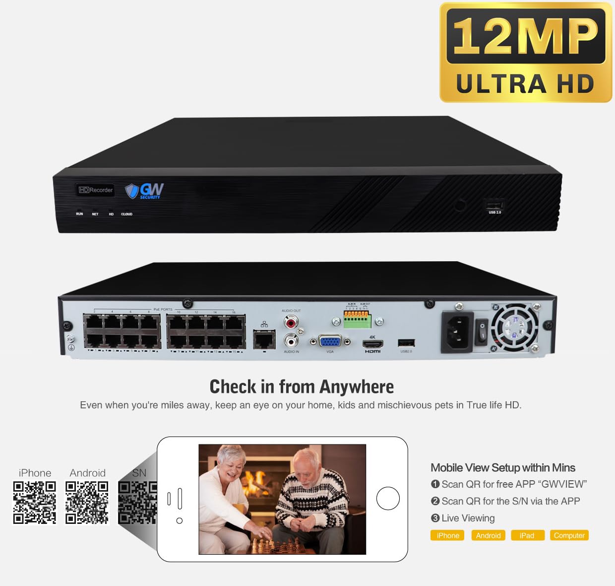 GW Security 16 Channel 12MP 4K NVR with 16 x 5MP AI PoE Microphone Weatherproof Security Camera System for Home and Business, Smart Human Detection, 24/7 Day & Night Recording with 4TB Hard Drive