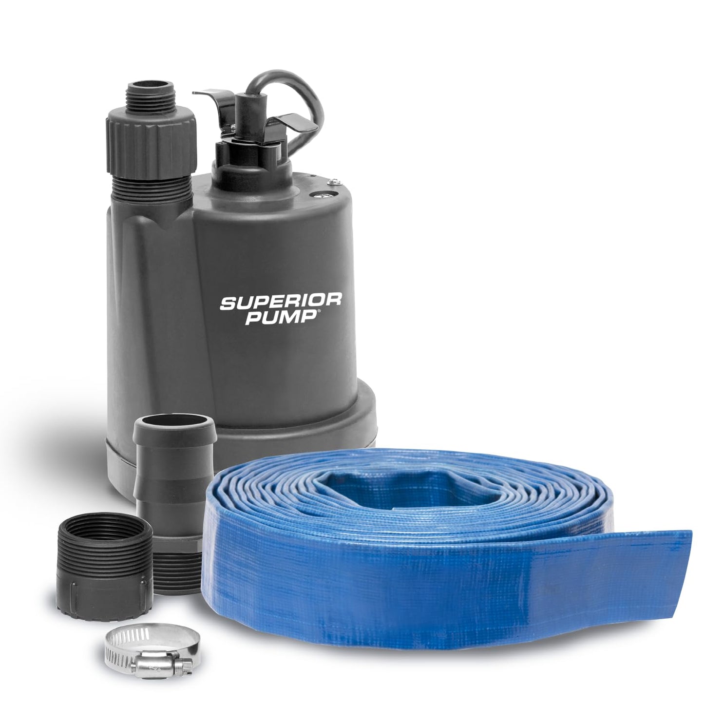 Superior Pump 91298 Thermoplastic Utility Pump Kit with 10-Foot Cord, plus 1-1/2-Inch by 25-foot Lay-Flat Discharge Hose, 1/4 HP