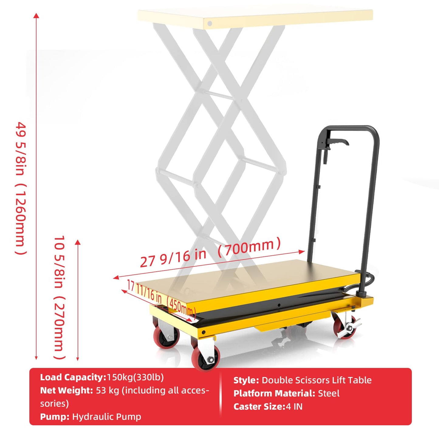 ZKH Hydraulic Lift Cart, 330lb Capacity, 49.6" Max Lifting Height, Single Scissors Lift Table with Locking Wheels and Overload Bar for Safe Operations, Ideal for Material Handling and Freight Lifting