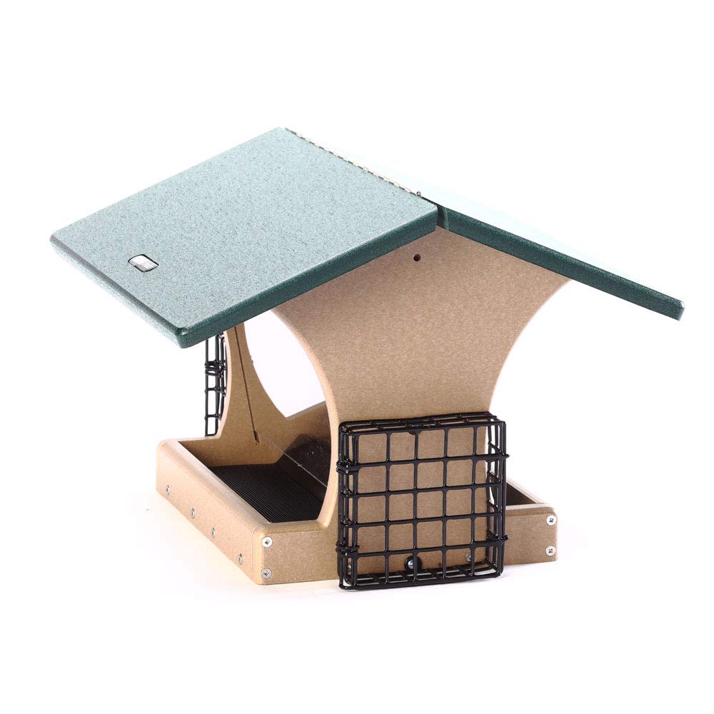 Birds Choice SN300-S Two-Sided Hopper Feeder, Recycled Bird Feeder w/ Two Suet Cages, Large, Taupe/Green