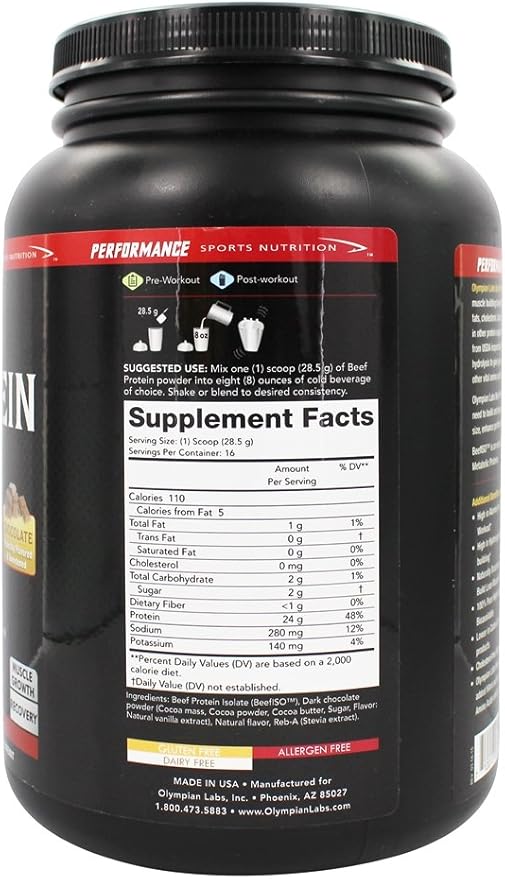 Olympian Labs Beef Protein Isolate Powder, 24g Protein, BST Free, 2 Grams BCAA's, Muscle Building Amino Acids, 1 Pound, Flavored with Real Chocolate