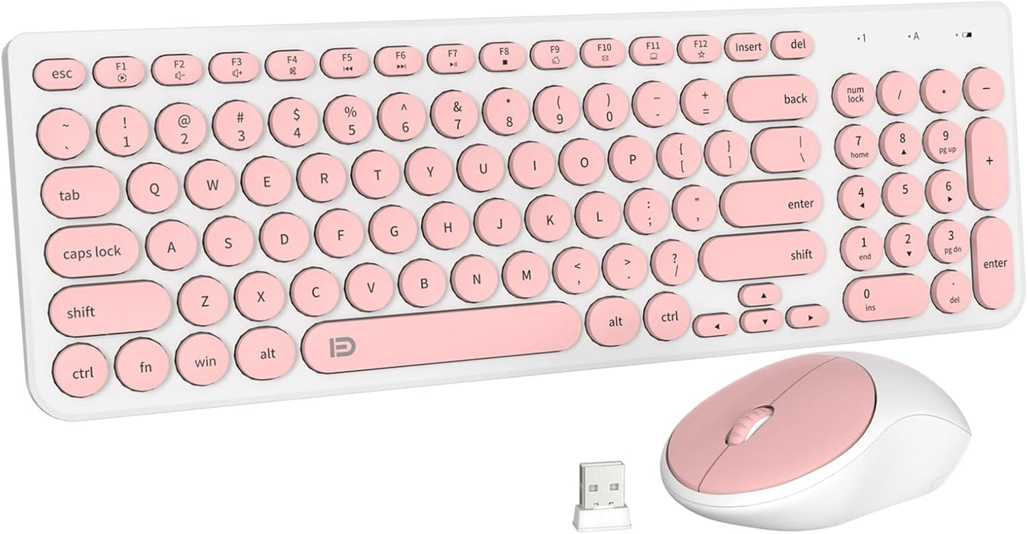 FD iK6630 2.4GHz Set Wireless Keyboard and Mouse Combo - USB Cordless, Cute Round Keys, Quiet and Slim for Laptop