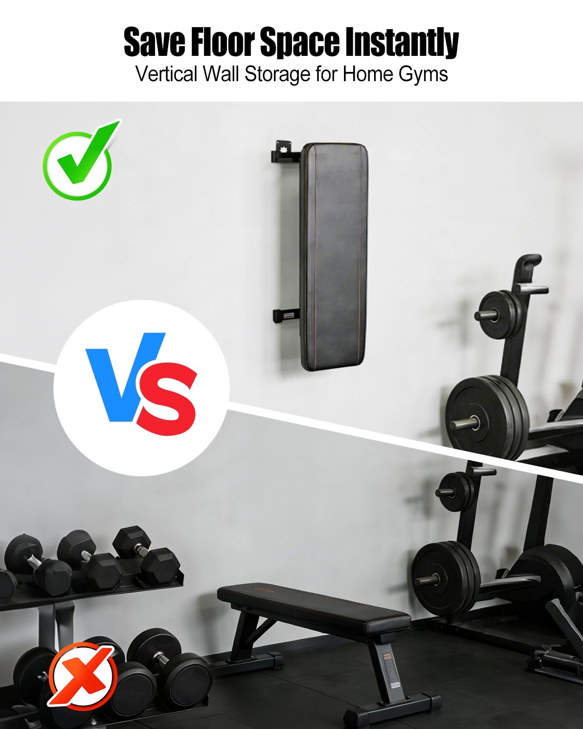 Weight Bench Gym Storage with Rubber Gasket, Heavy Duty Wall Mount Brackets 200 lb, Adjustable Hanger Home Gym Space-Saving Storage for Weight Benches, Hex Bars & Rowing Machines