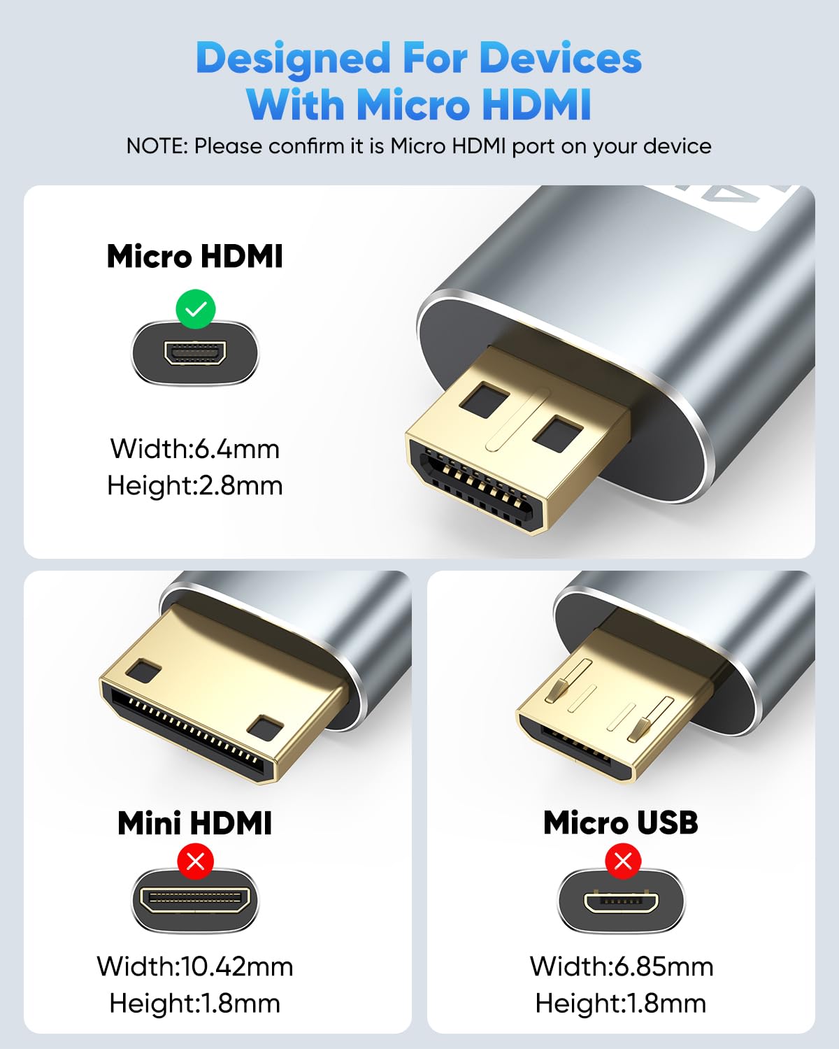 4K 6FT, 4K@60Hz, 2K@165Hz, 3D 5/4, Micro HDMI to HDMI Cable High Speed HDMI to Micro HDMI Cable Adapter Nylon Braided