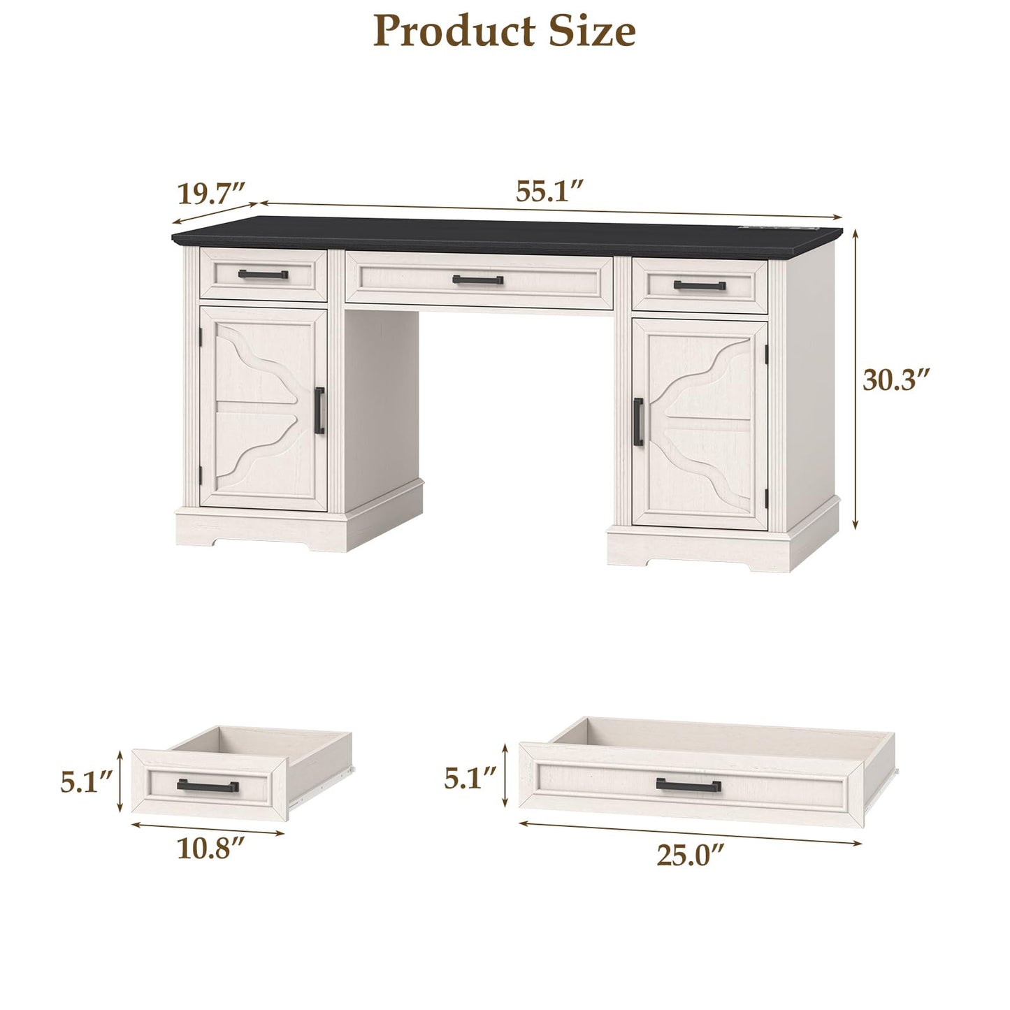 Halitaa 55.1 Inch Farmhouse Computer Desk with Charging Station, Home Office Desk with 3 Glide Drawers and 2 Adjustable Storage Cabinets, Office Home Workstation for Study Work Writing, Unique White