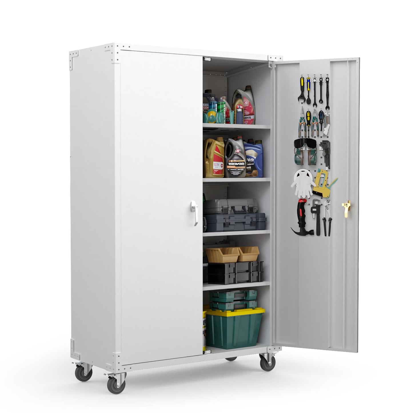 VINGLI Upgraded Wide & Deep Garage Storage Cabinet, Metal Storage Cabinet with Pegboards, Wheels, Locking Doors and Adjustable Shelves (Gray, 43''W x 20''D x 72''H)