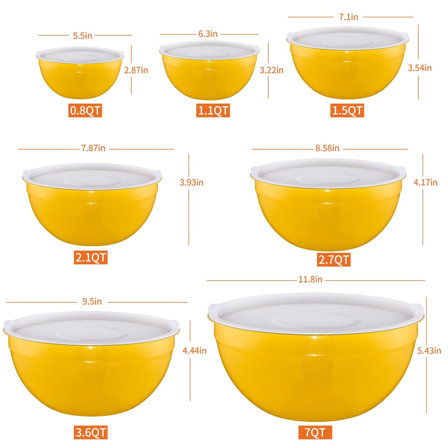 Onlycooker Yellow Mixing Bowls With Airtight Lids,Stainless Steel Bowl,Salad Bowls 7 Piece Colorful Nesting Bowl Yellow Kitchen Accessories,Size 7,3.6,2.7,2.1,1.5,1.1,0.8QT Stackable Design