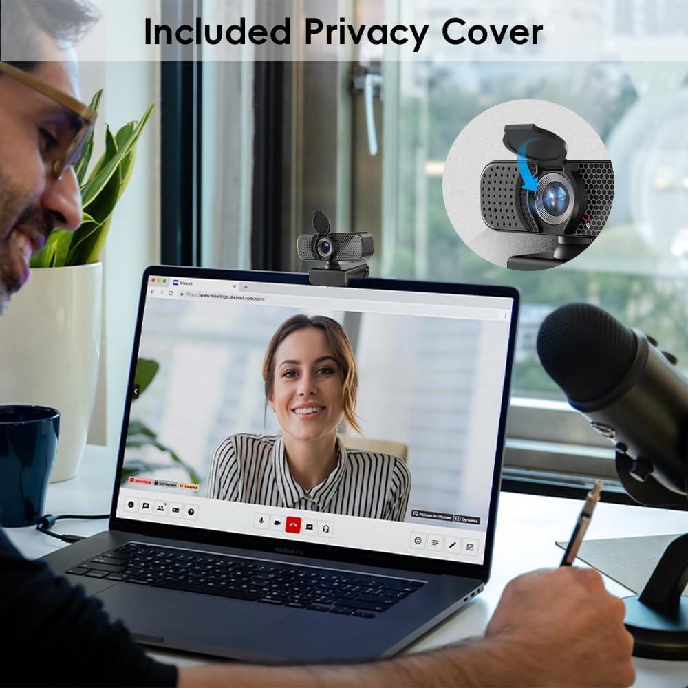 Kemeiv 2K Webcam PC Webcam with Microphone and Physical Privacy Cover, Noise-Canceling Microphone, Auto Light