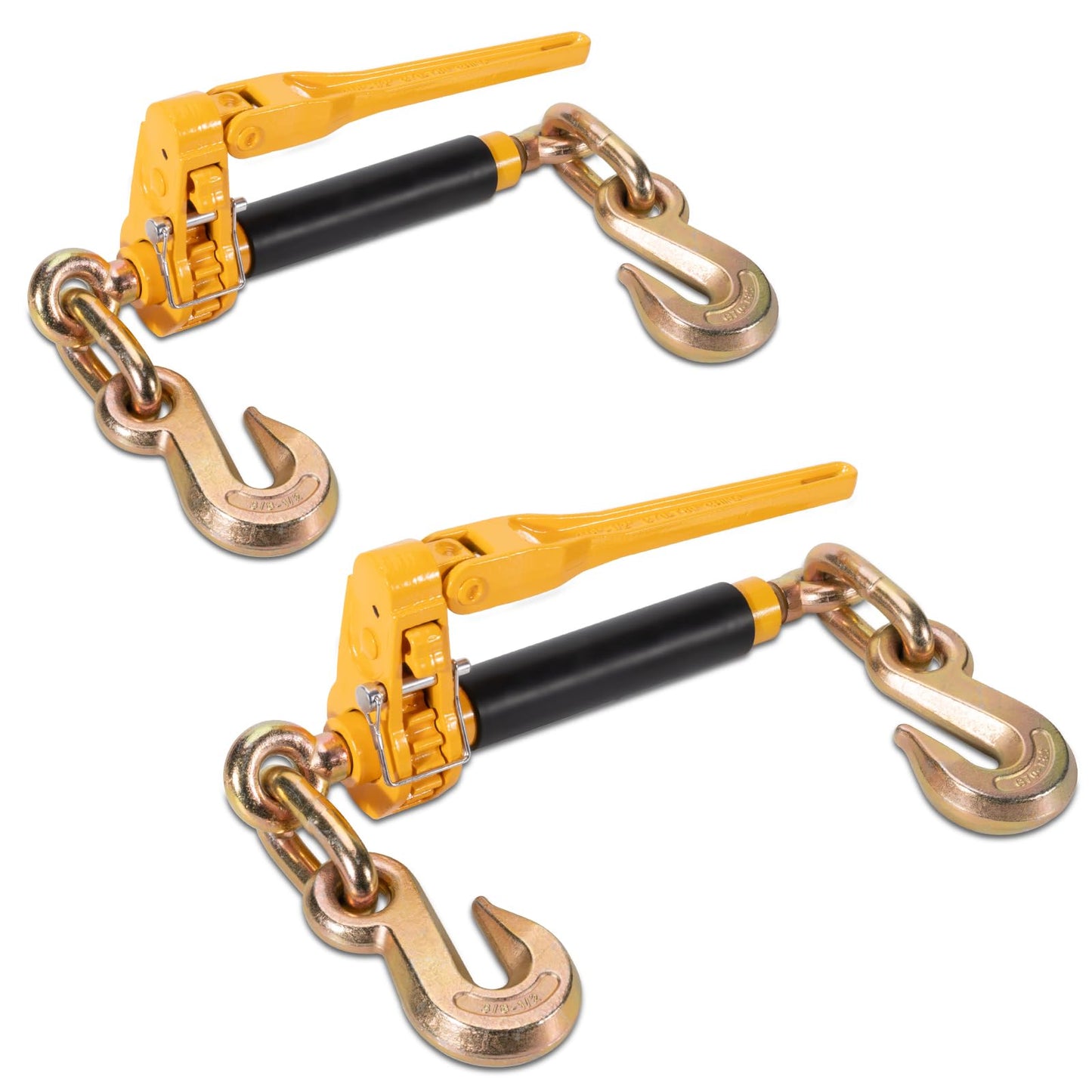 AYMMIC 3/8"-1/2" Heavy Duty Folding Handle Load Binder, Ratchet Chain Binder with Grab Hooks G70-T80, 12,000 lbs WLL Tie Down Hauling Chain Binders for Flatbed Truck Trailer, 2 Pack