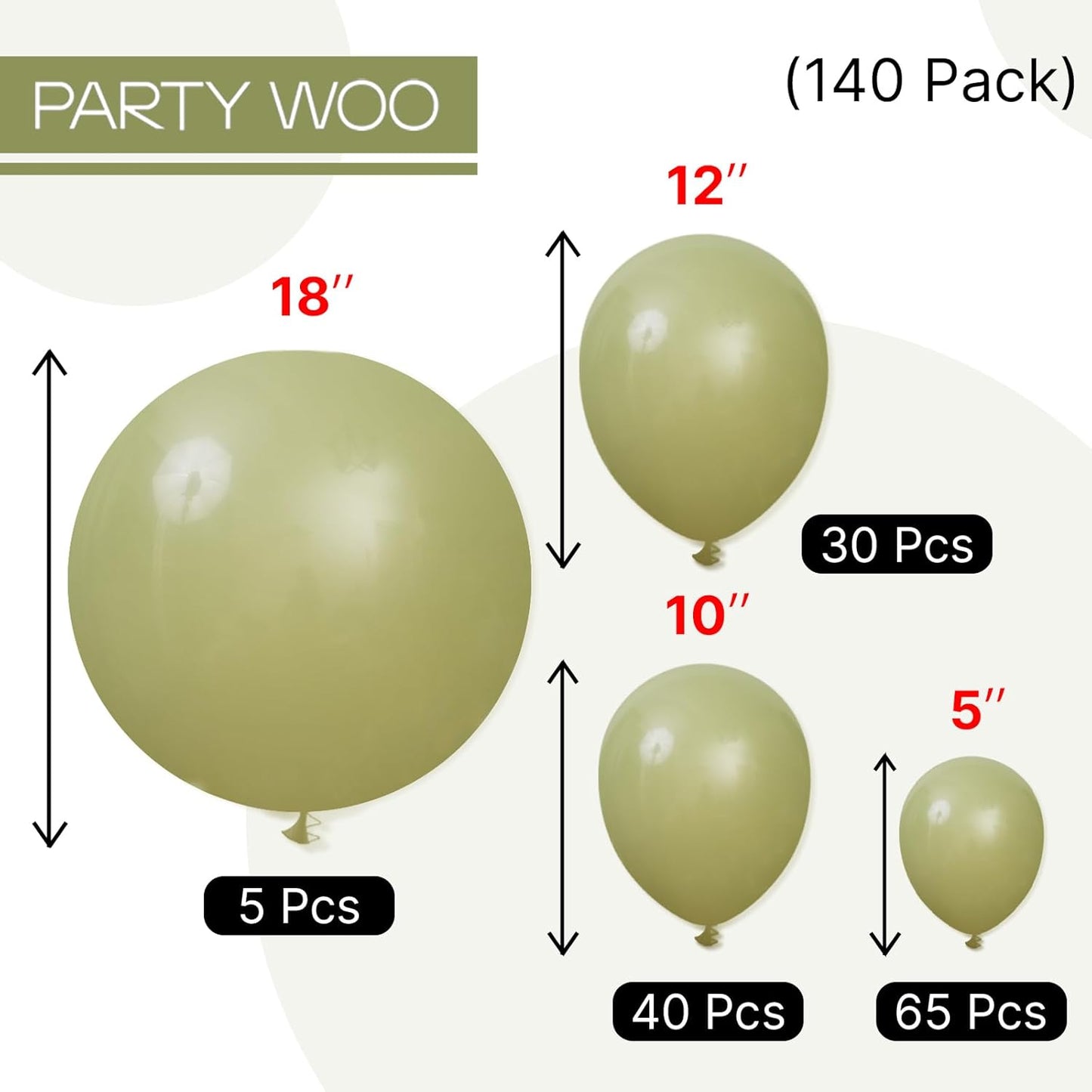 PartyWoo Sage Green Balloons - 140-Piece Latex Balloon Arch Kit | 18", 12", 10", 5" Sizes for Weddings & Birthdays