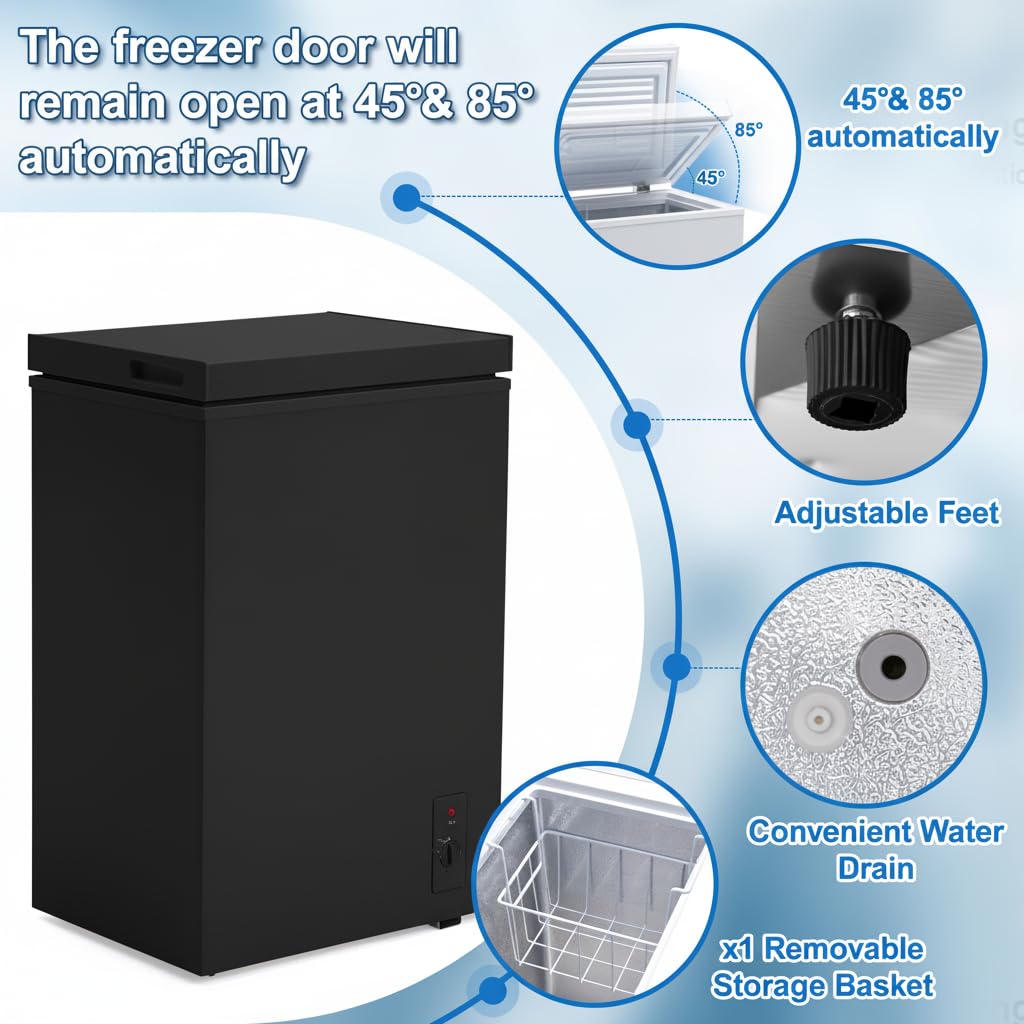 PLENTORA 3.5 Cu.Ft Small Chest Freezer Compact Deep Freezer with 7-Level Temperature Control, Rapid Cooling, Energy Efficient & Quiet for Home, Garage, Apartment, and Kitchen, Black