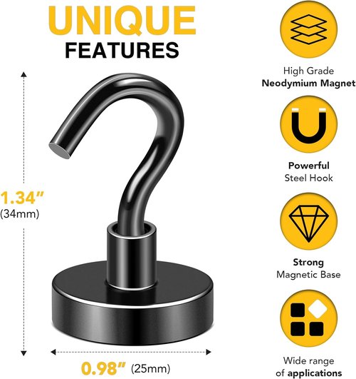 DIYMAG Magnetic Garage Hooks - Heavy Duty 85lbs Capacity | 10 Pack for Classroom, Kitchen, and Wall Mount - Black