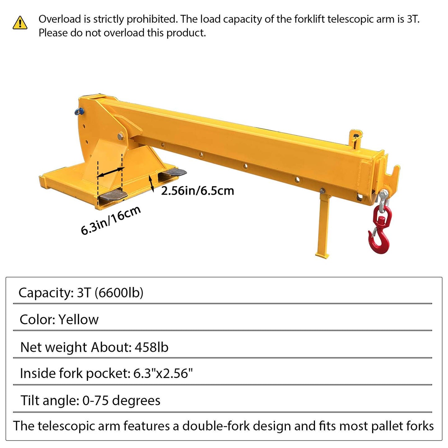 JARYANNIX Forklift Jib Boom Crane, 6000lbs Capacity Forklift Mobile Crane with 2 Hooks Hoist, 0-75° Adjustable Tilt, for Towing Handling Equipment, Adjustable Telescopic Booms Attachments