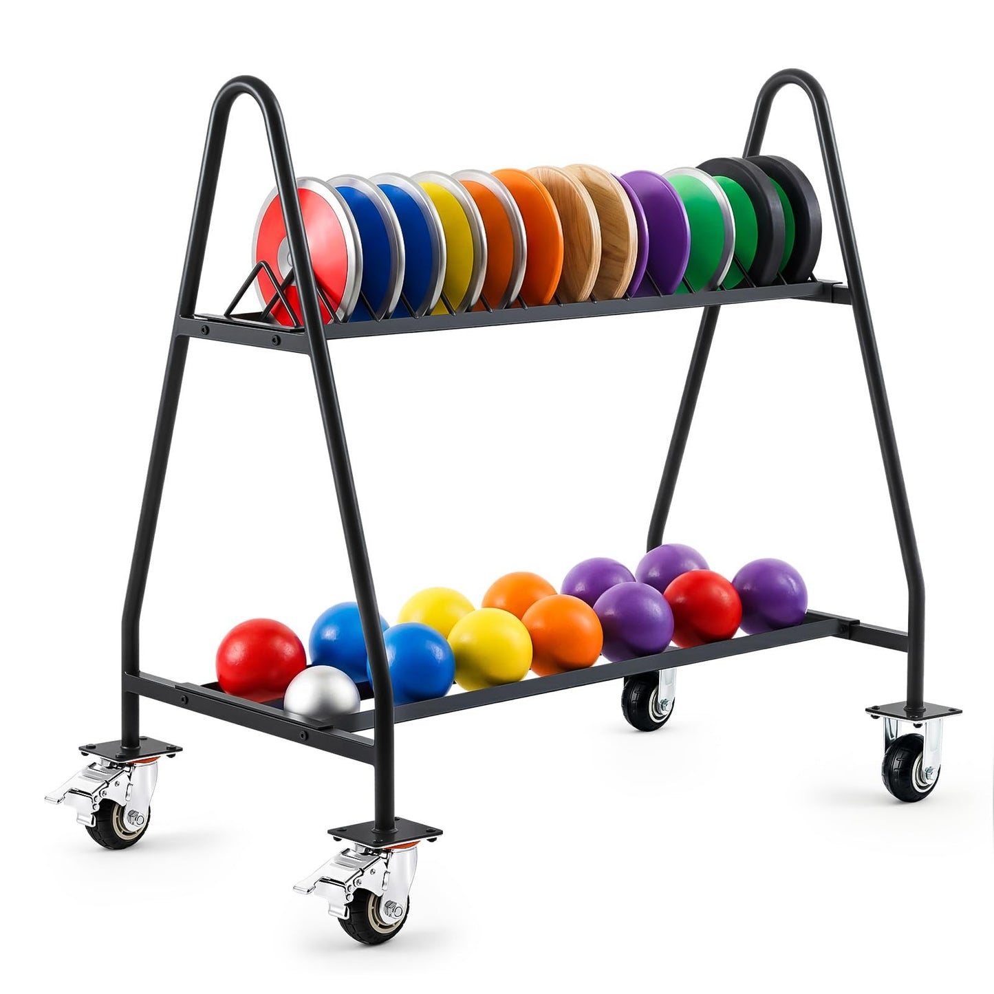 Silipull Mobile Shot Put Discus Storage Rack Cart Heavy Duty Athletic Throwing Equipment Trolley with 4 Wheels, Holds 15 Discus & 20 Shot Put for Gym, School PE and Track & Field Gear Organizer