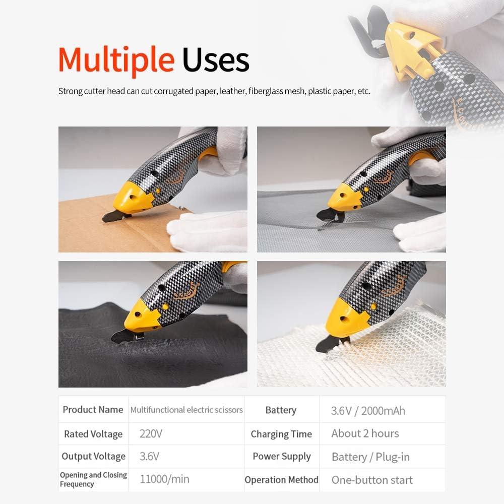 Power Electric Fabric Scissors, Cordless with 2 Blades & 2 Lithium Batteries, Heavy-Duty Cutter for Fabric, Leather, Cardboard, Craft Sewing, Quilting Tools (huangjiandao-erdianchi)