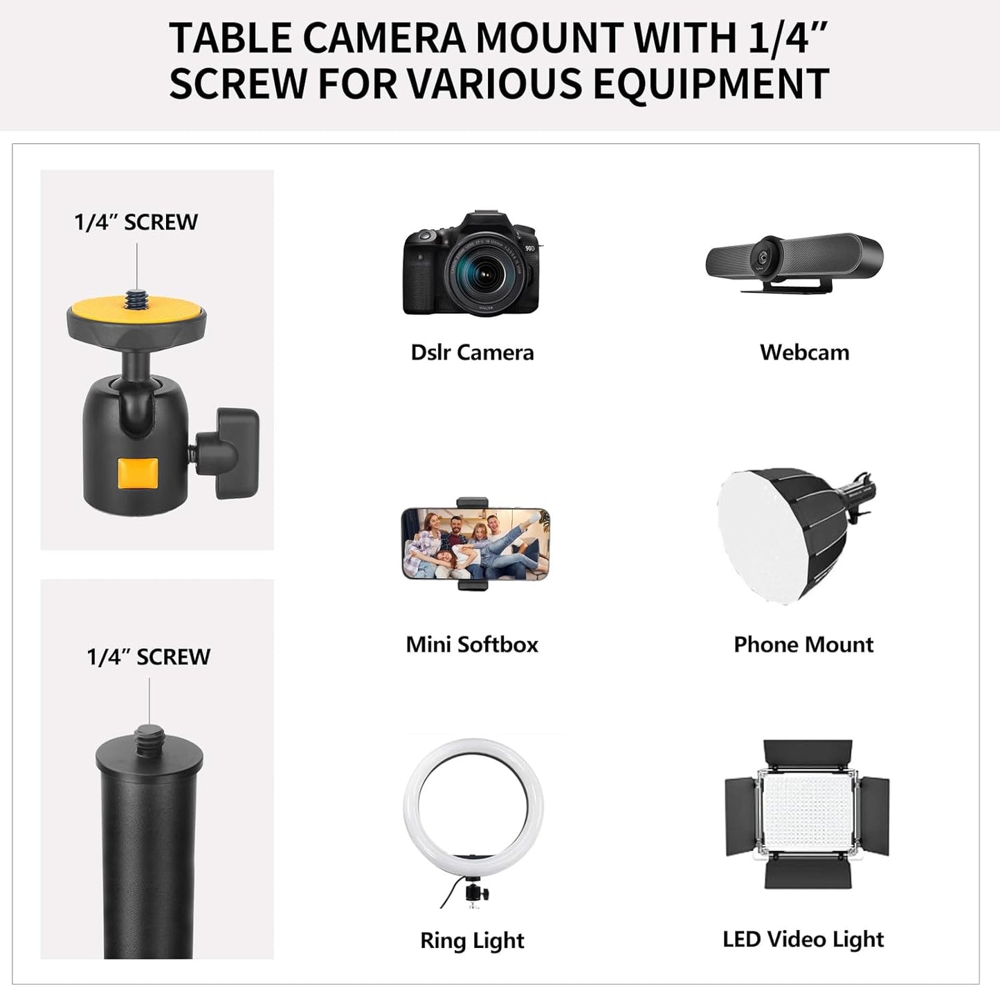 JEBUTU 1/4" Camera Desk Mount Table Stand with Ball Head, Adjustable Light Stand with Screw & C Clamp for DSLR Camera