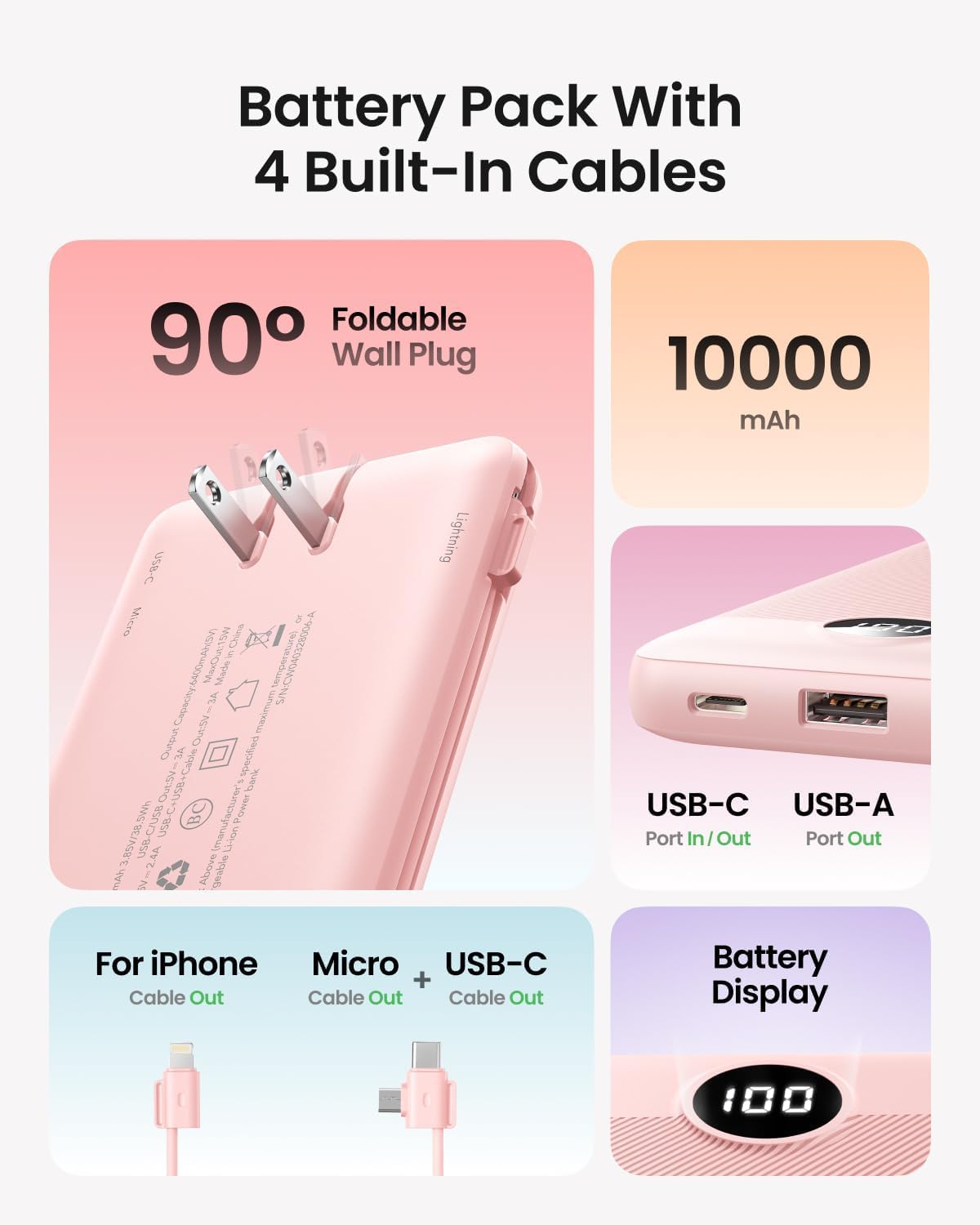 Coowisty 10000mAh Pack Portable Charger Built-in Cables and Wall Plug, Slim USB C Power Bank, LED Display External