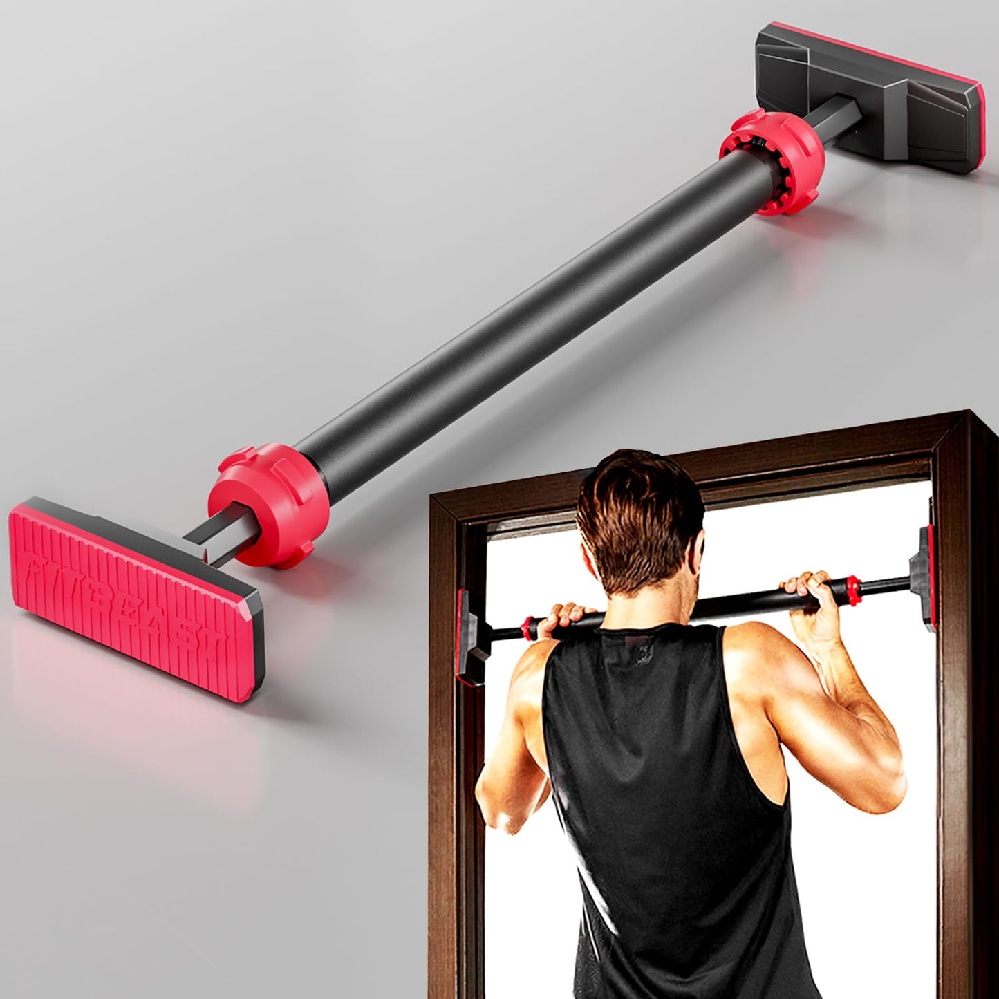 FitBeast Pull Up Bar for Doorway, Strength Training Pullup Bar with No Screws, Chin Up Bar with Adjustable Width Locking Mechanism, Doorway Pull Up Bar Max Load 440lbs for Home Gym