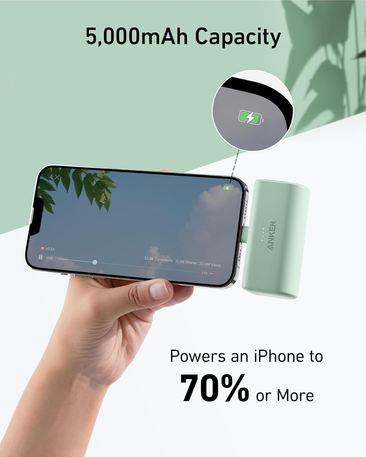 Anker 5,000mAh 12W, 14/13/12 Nano Portable Charger for iPhone, with Built-in MFi Certified Lightning Connector, Power
