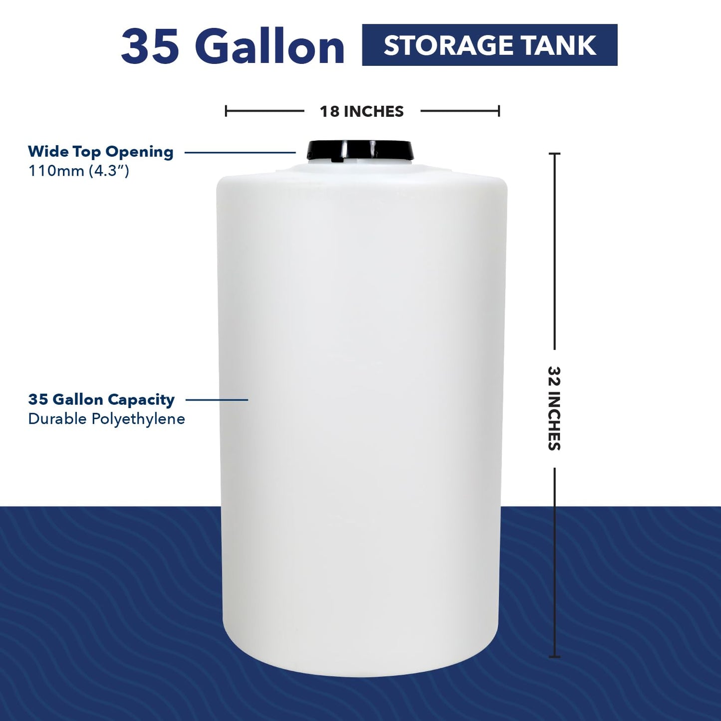 US Water Systems White 35 Gallon Water Tank – Heavy-Duty Polyethylene Container with 110 mm Opening & Locking Lid, Portable Water Storage Tank for Indoor or Outdoor Use, Large Water Reservoir