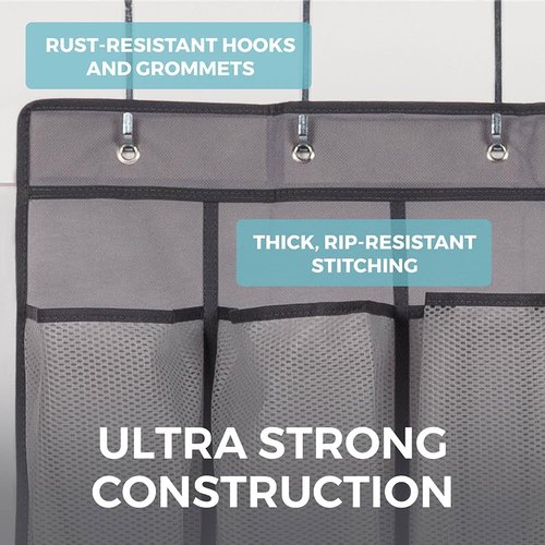 Home Genie Over The Door Shoe Organizer - 24 Breathable Mesh Pockets | Holds Up To 40 lbs, Gray