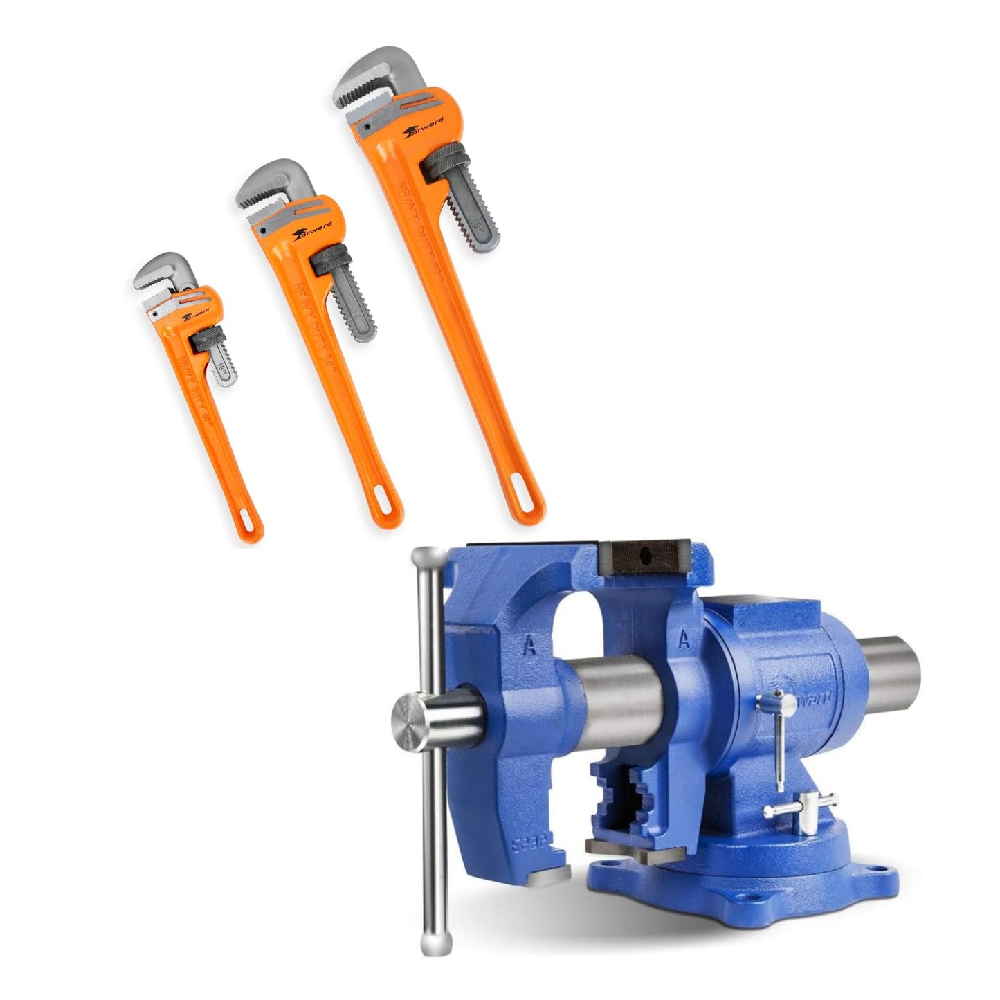 Forward Bench Vise 6 Inch with 3 Pcs Pipe Wrench Set